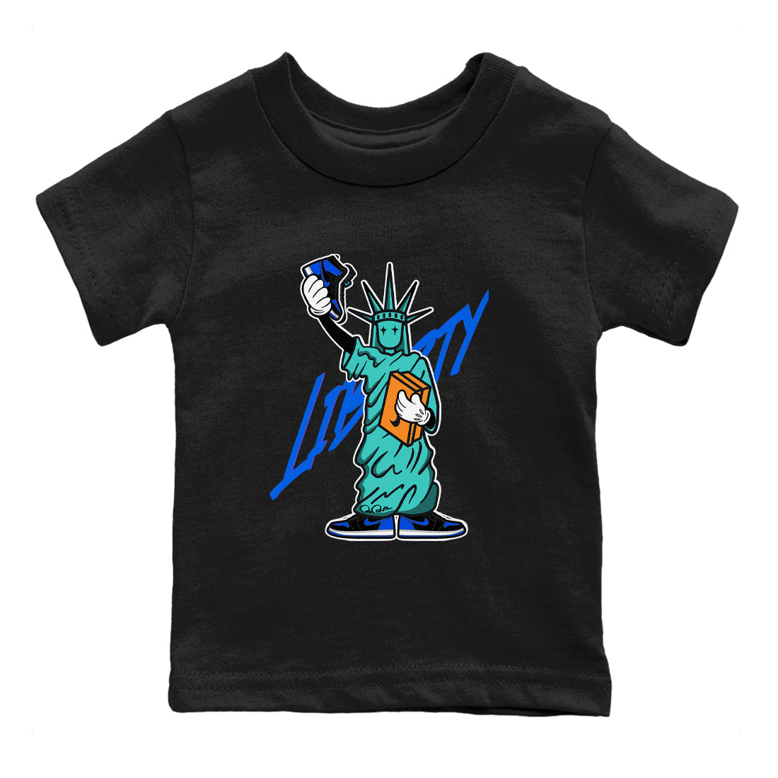 Air Jordan 1 Royal Reimagined shirt to match jordans Statue Of Liberty sneaker tees AJ1 Royal Reimagined Drip Gear Zone Kids Baby Toddler sneaker shirts Black 2 T-Shirt