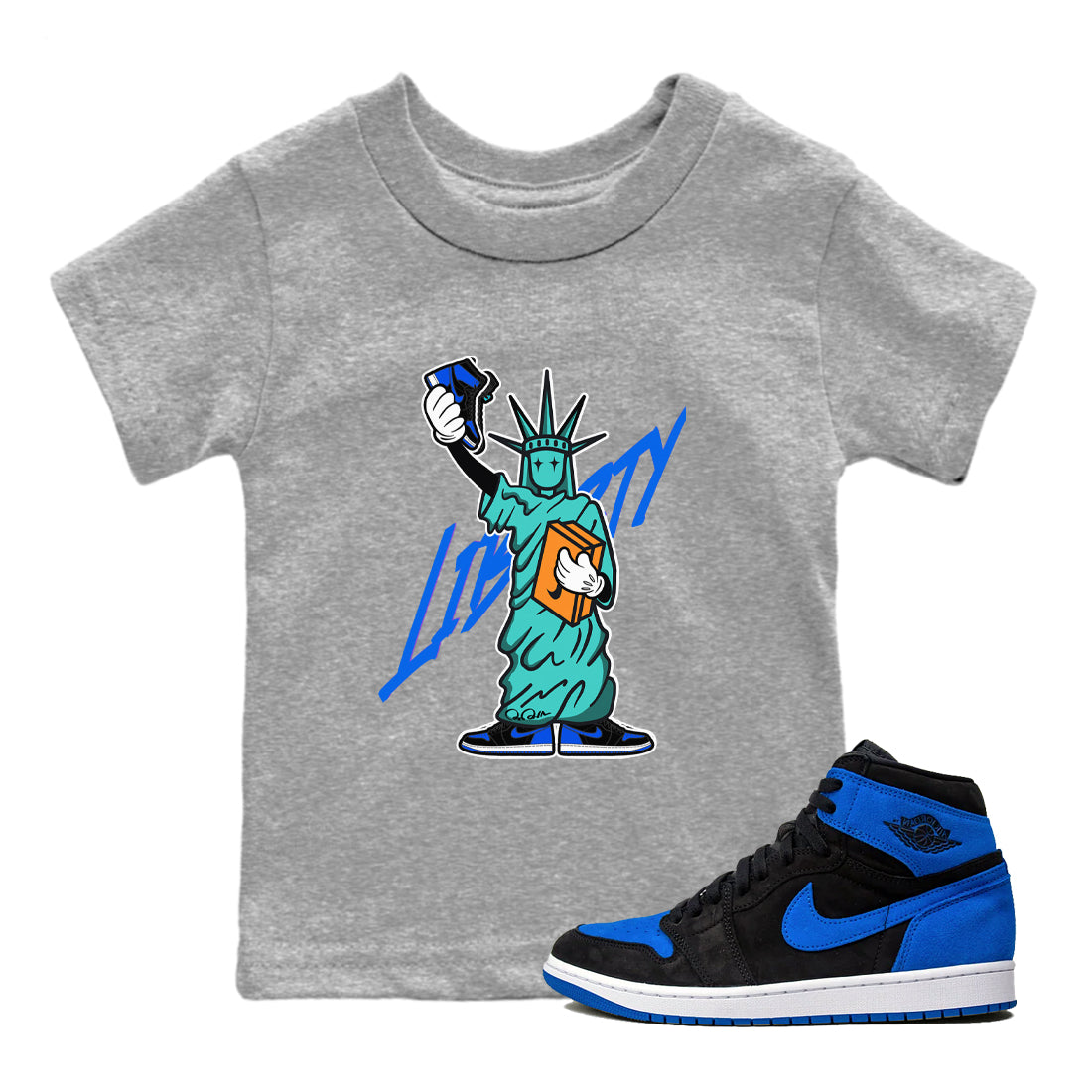 Air Jordan 1 Royal Reimagined shirt to match jordans Statue Of Liberty sneaker tees AJ1 Royal Reimagined Drip Gear Zone Kids Baby Toddler sneaker shirts Heather Grey 1 T-Shirt