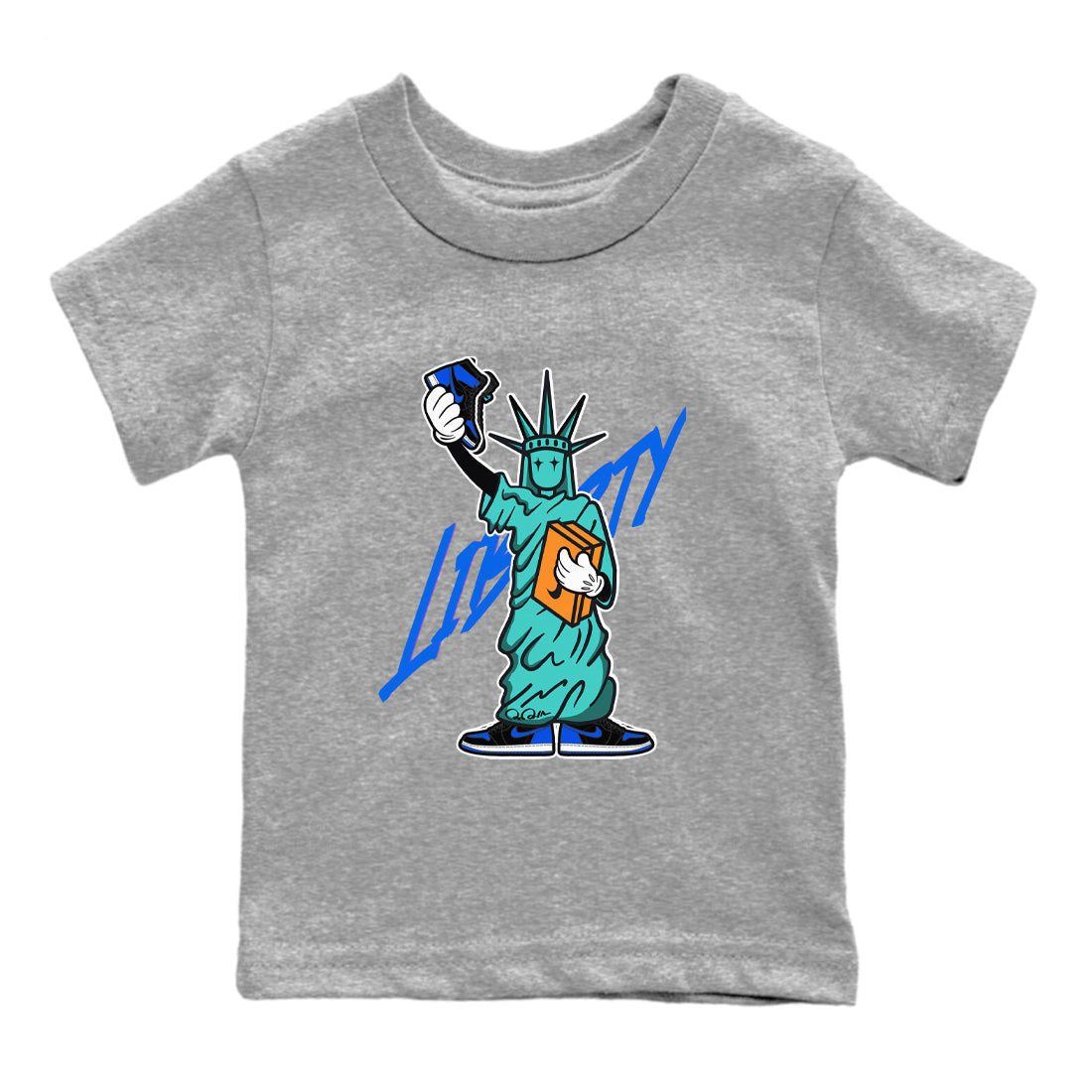 Air Jordan 1 Royal Reimagined shirt to match jordans Statue Of Liberty sneaker tees AJ1 Royal Reimagined Drip Gear Zone Kids Baby Toddler sneaker shirts Heather Grey 2 T-Shirt