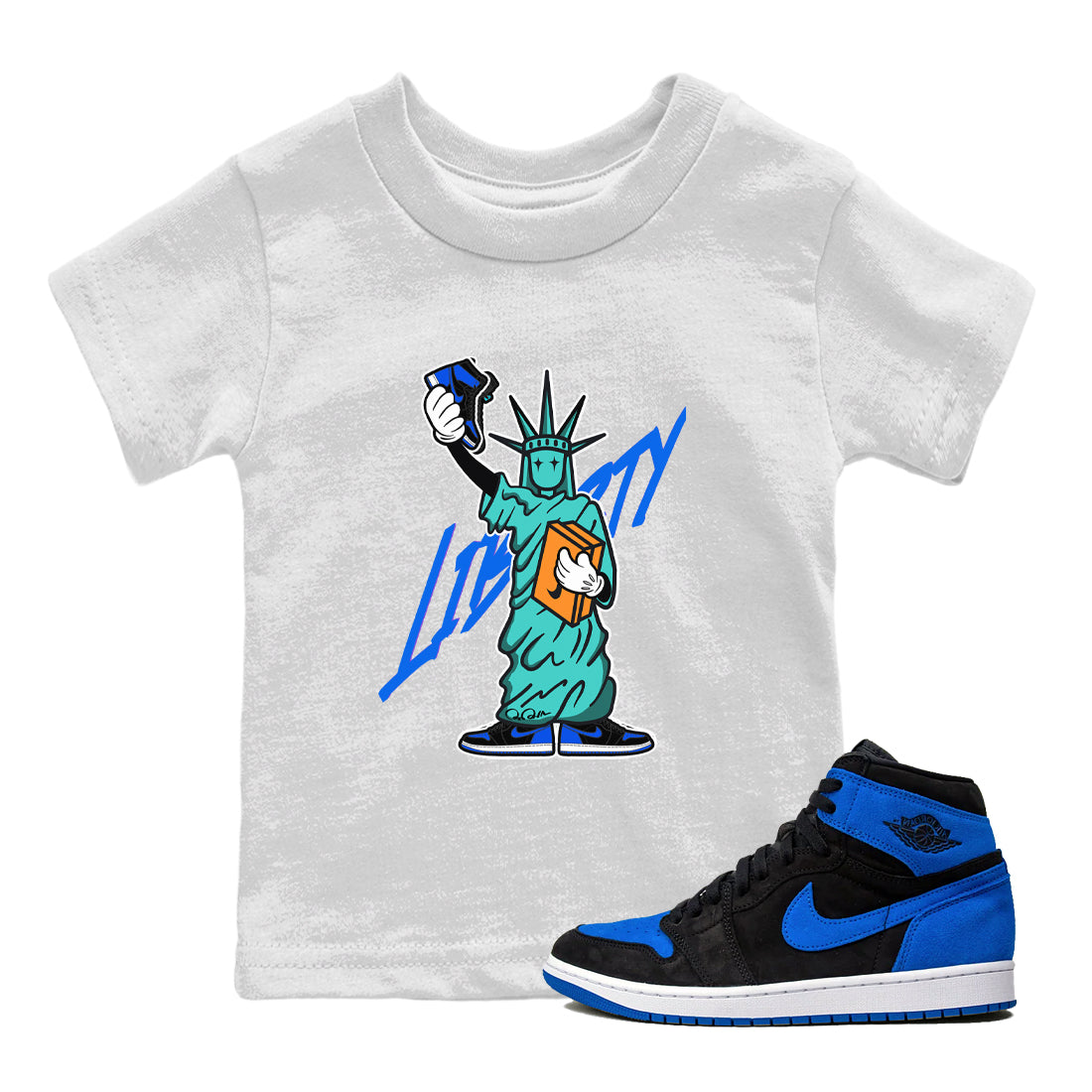 Air Jordan 1 Royal Reimagined shirt to match jordans Statue Of Liberty sneaker tees AJ1 Royal Reimagined Drip Gear Zone Kids Baby Toddler sneaker shirts White 1 T-Shirt