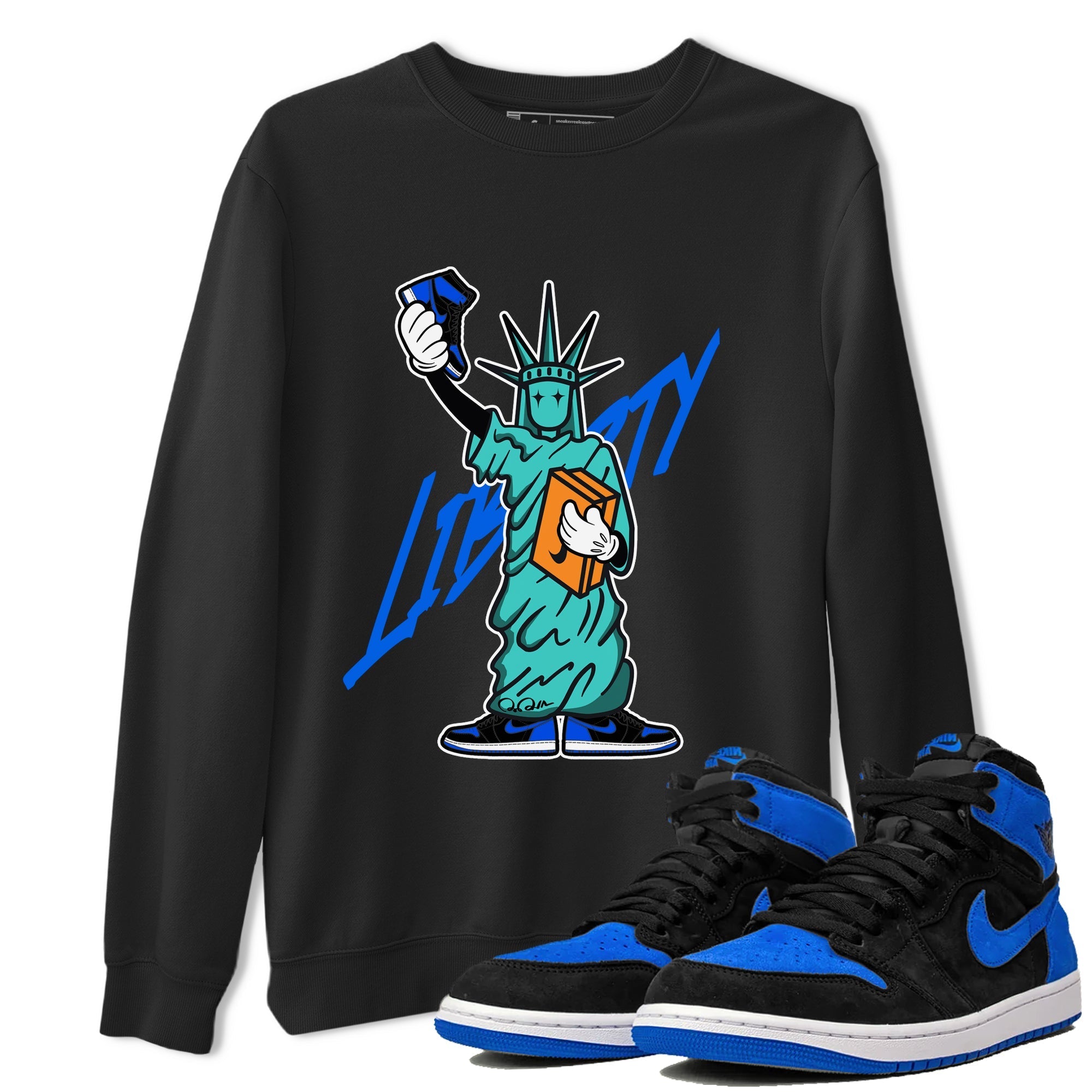 Air Jordan 1 Royal Reimagined shirt to match jordans Statue Of Liberty sneaker tees AJ1 Royal Reimagined Drip Gear Zone Unisex Sneaker Tees and Sneaker Match T-Shirt Black 1 T-Shirt