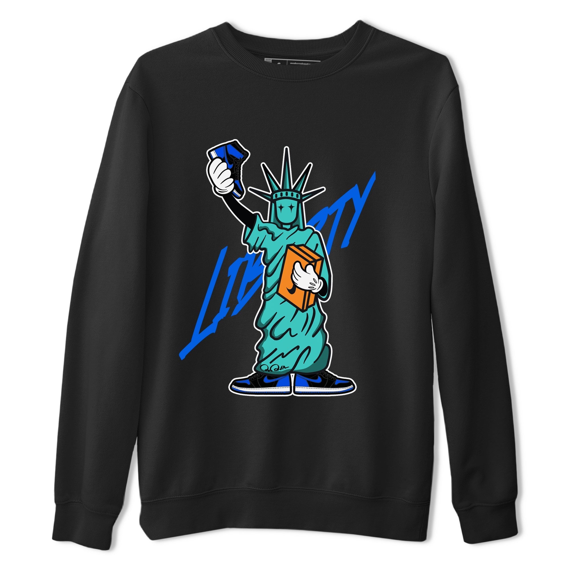 Air Jordan 1 Royal Reimagined shirt to match jordans Statue Of Liberty sneaker tees AJ1 Royal Reimagined Drip Gear Zone Unisex Sneaker Tees and Sneaker Match T-Shirt Black 2 T-Shirt