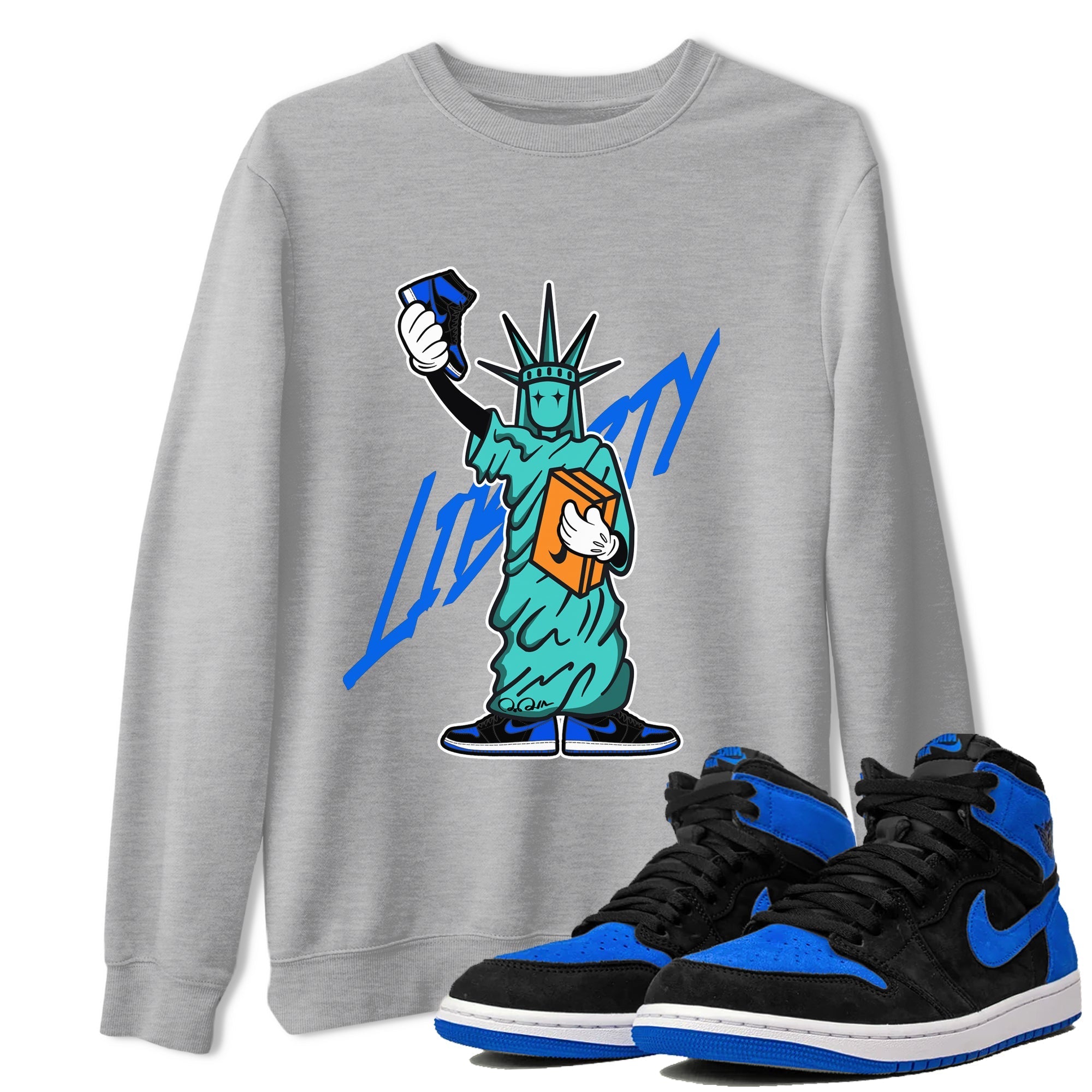Air Jordan 1 Royal Reimagined shirt to match jordans Statue Of Liberty sneaker tees AJ1 Royal Reimagined Drip Gear Zone Unisex Sneaker Tees and Sneaker Match T-Shirt Heather Grey 1 T-Shirt