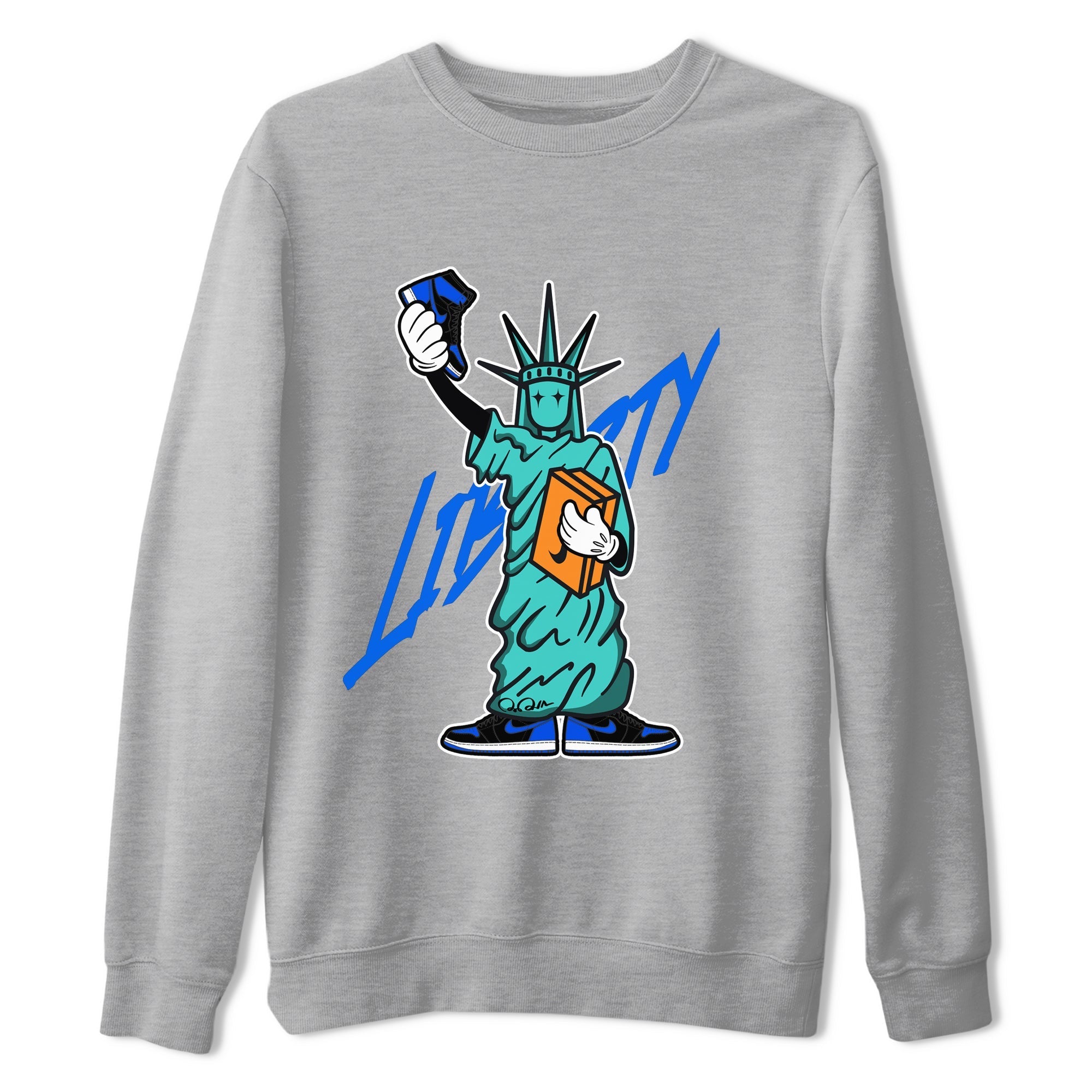 Air Jordan 1 Royal Reimagined shirt to match jordans Statue Of Liberty sneaker tees AJ1 Royal Reimagined Drip Gear Zone Unisex Sneaker Tees and Sneaker Match T-Shirt Heather Grey 2 T-Shirt