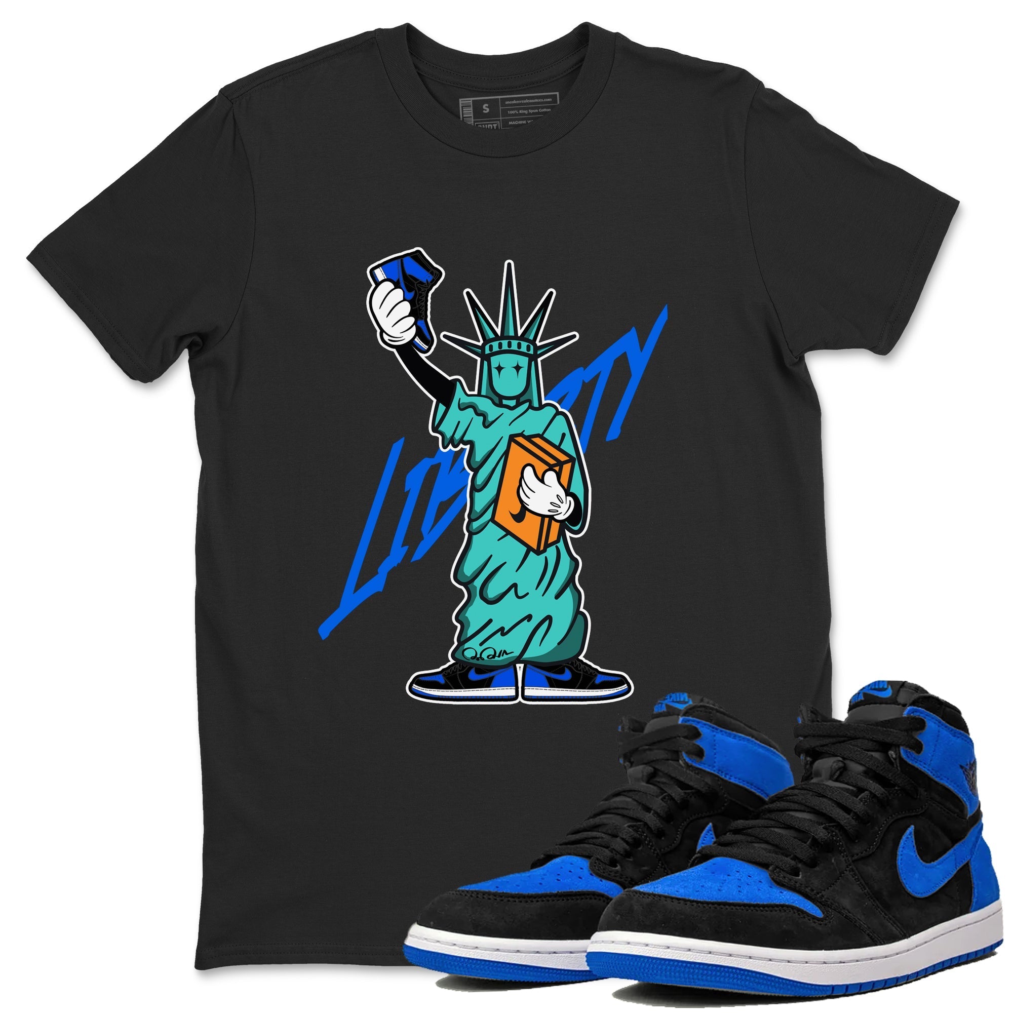 Air Jordan 1 Royal Reimagined shirt to match jordans Statue Of Liberty sneaker tees AJ1 Royal Reimagined Drip Gear Zone Unisex Sneaker Tees and Sneaker Match T-Shirt Black 1 T-Shirt