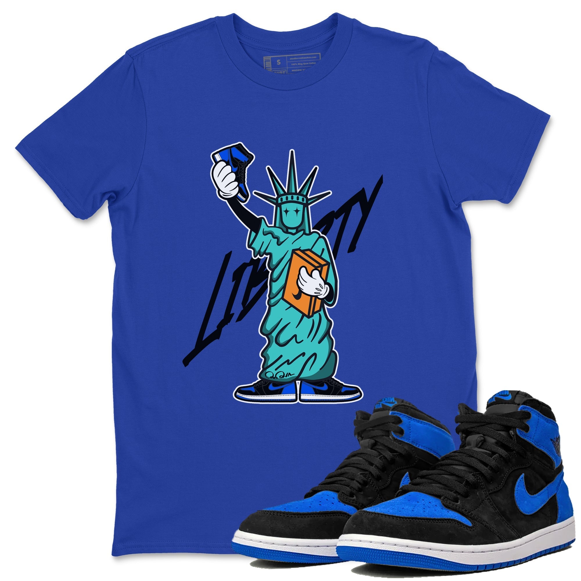 Air Jordan 1 Royal Reimagined shirt to match jordans Statue Of Liberty sneaker tees AJ1 Royal Reimagined Drip Gear Zone Unisex Sneaker Tees and Sneaker Match T-Shirt Royal Blue 1 T-Shirt