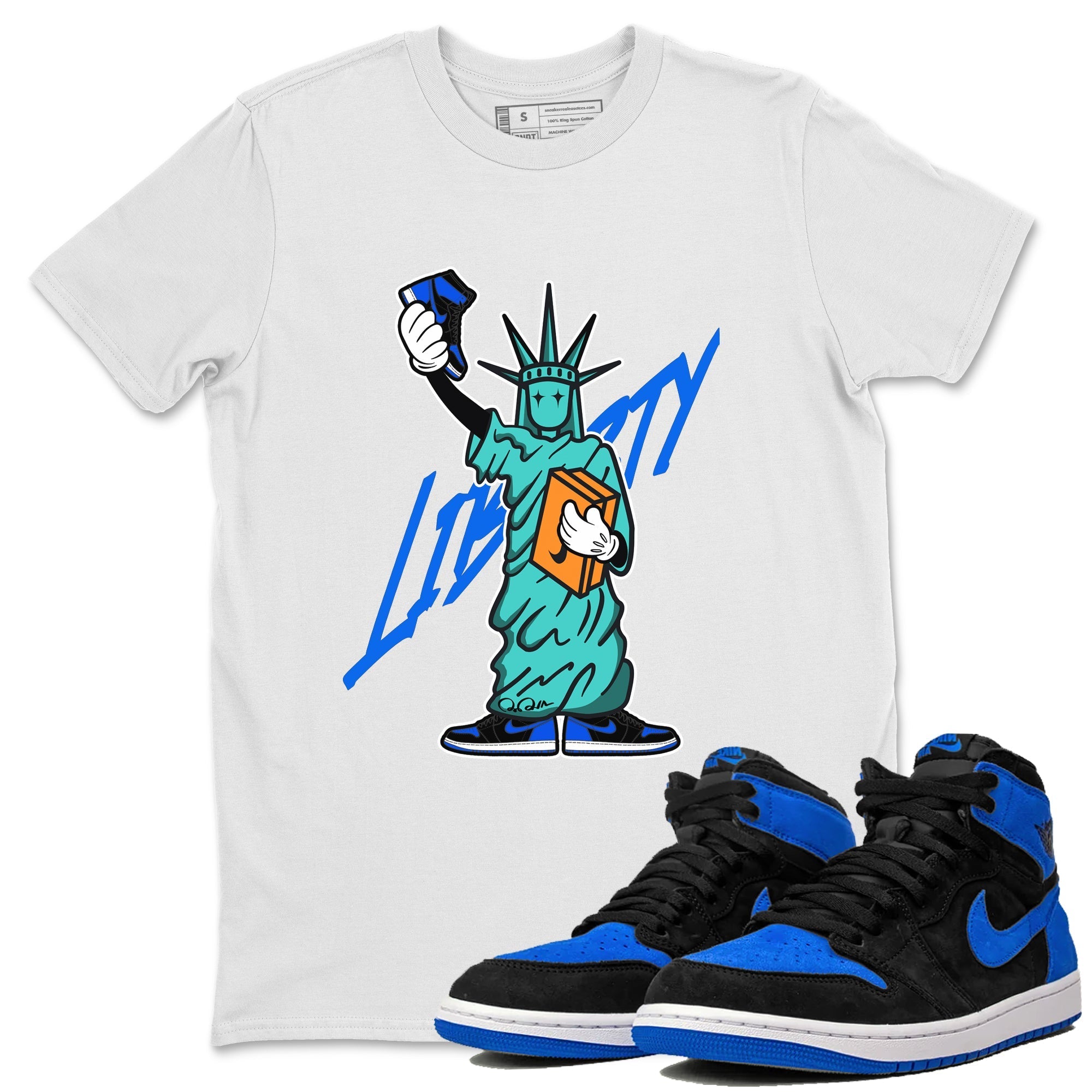 Air Jordan 1 Royal Reimagined shirt to match jordans Statue Of Liberty sneaker tees AJ1 Royal Reimagined Drip Gear Zone Unisex Sneaker Tees and Sneaker Match T-Shirt White 1 T-Shirt
