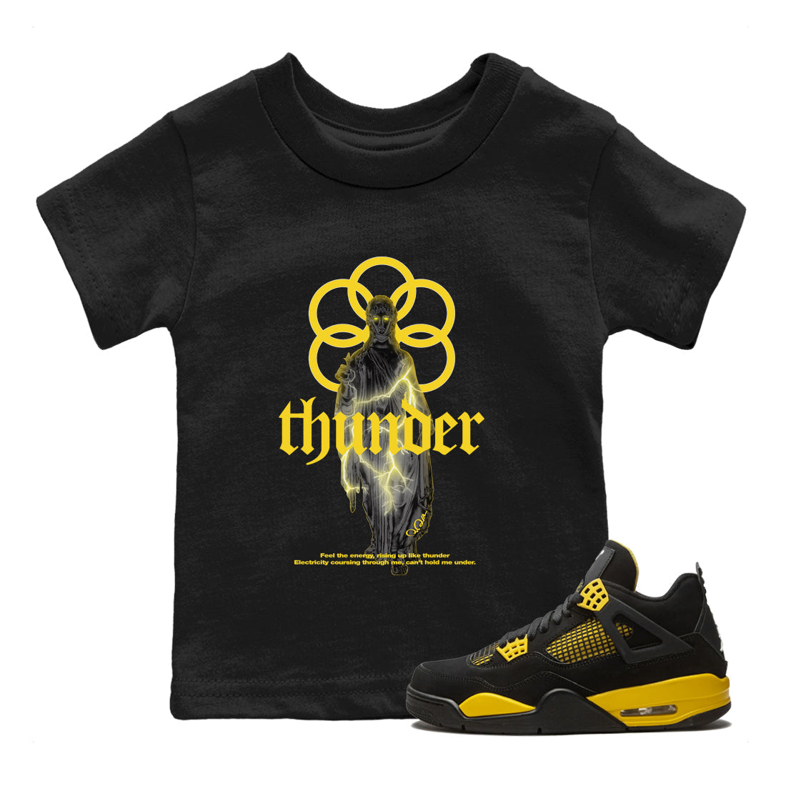 Air Jordan 4 Thunder Sneaker Match Tees Statue Woman Sneaker Tees Yellow AJ4 Thunder Drip Gear Zone Kids Shirts Black 1