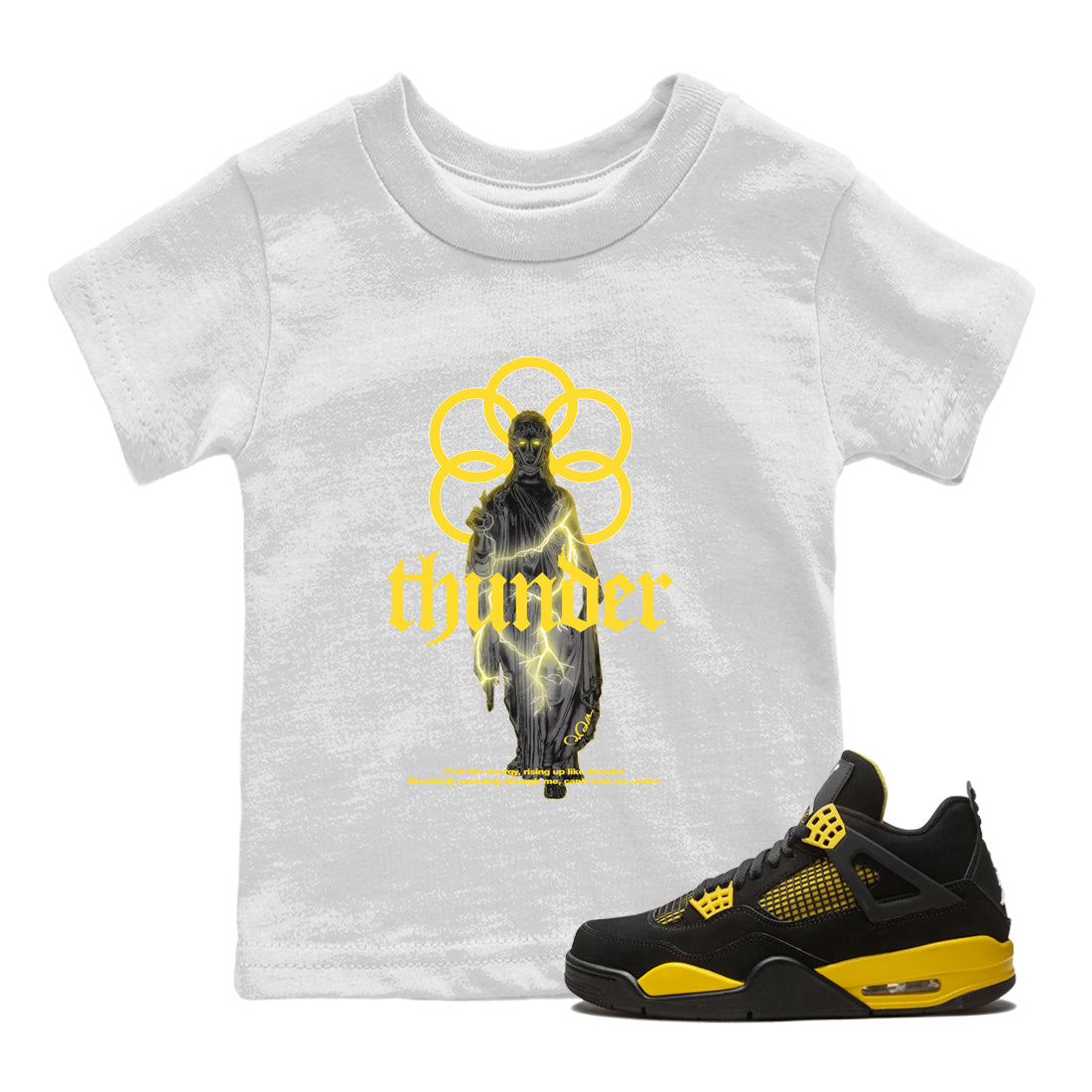 Air Jordan 4 Thunder Sneaker Match Tees Statue Woman Sneaker Tees Yellow AJ4 Thunder Drip Gear Zone Kids Shirts White 1