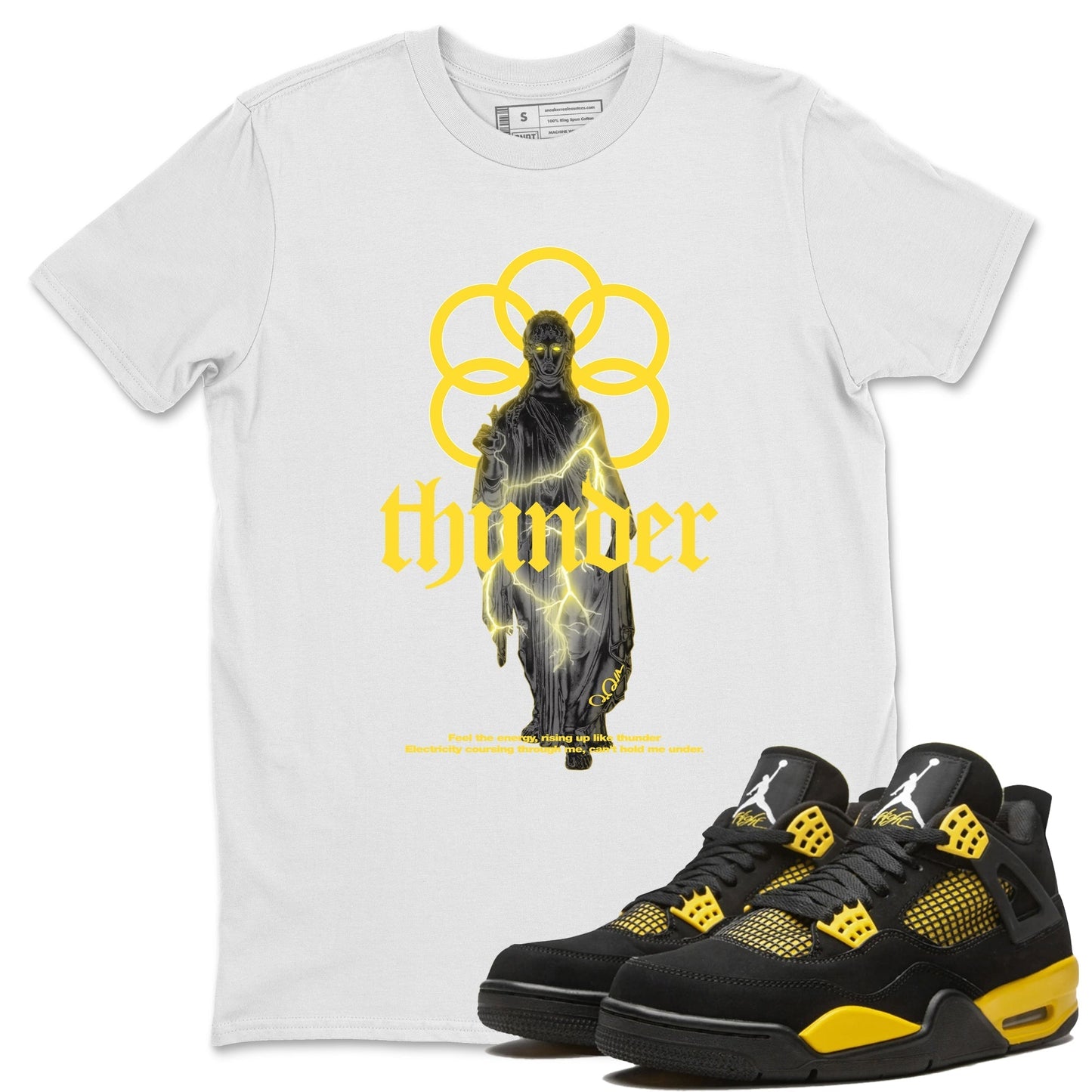 Air Jordan 4 Thunder Sneaker Match Tees Statue Woman Sneaker Tees Yellow AJ4 Thunder Drip Gear Zone Unisex Shirts White 1