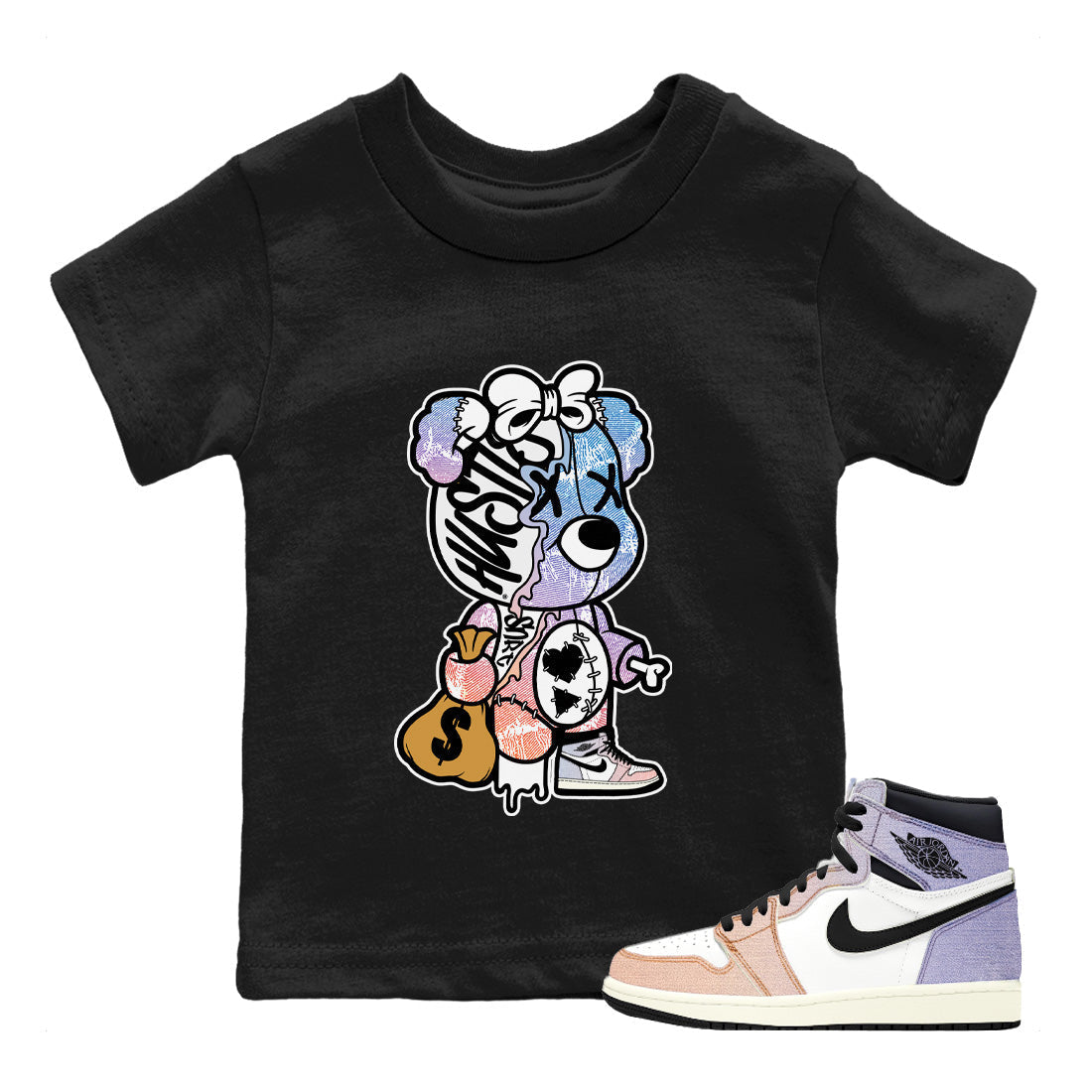 Air Jordan 1 Skyline Shirt To Match Jordans Stitched Hustle Bear Sneaker Tees Air Jordan 1 High OG Skyline Drip Gear Zone Sneaker Matching Clothing Kids Shirts Black 1