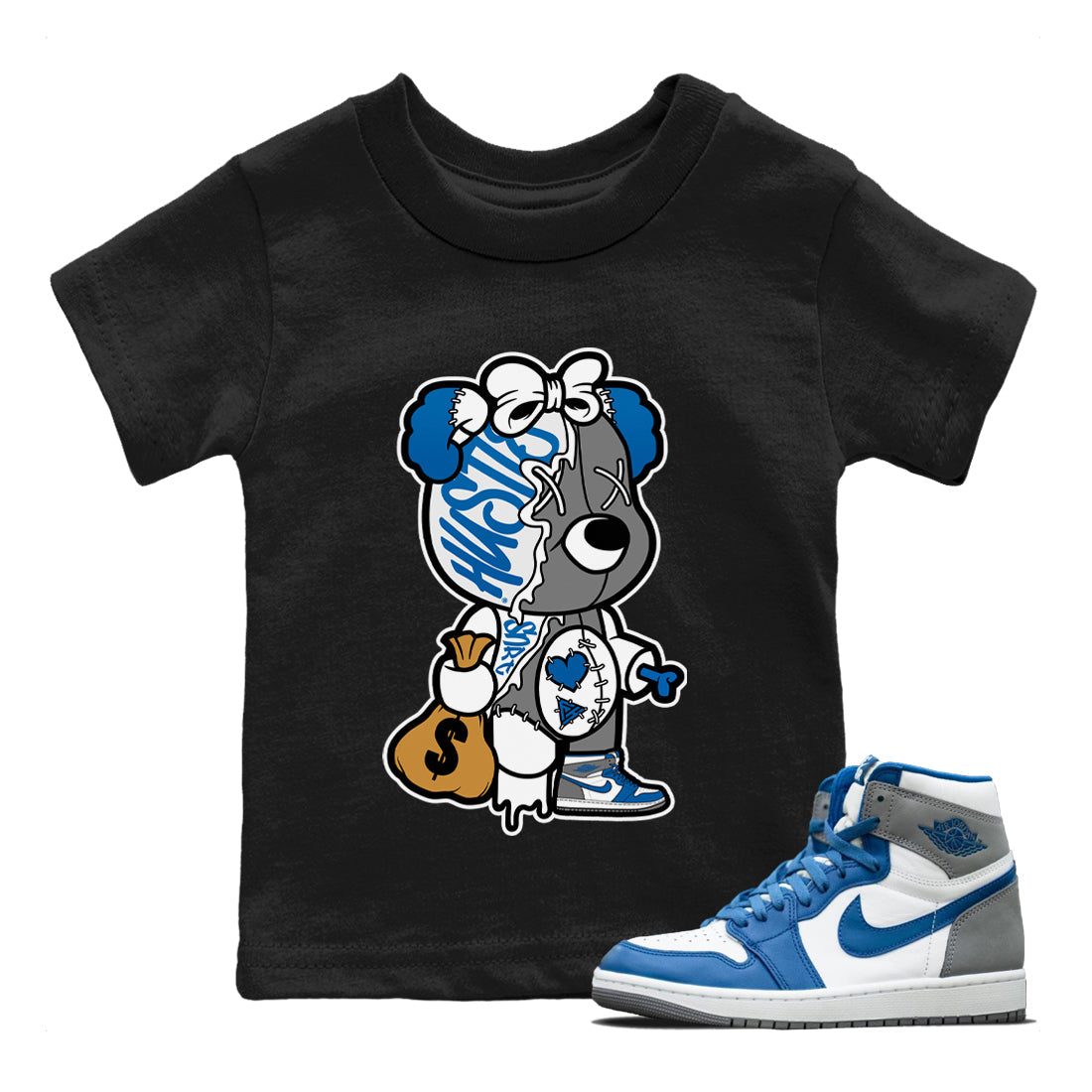 Jordan 1 True Blue Sneaker Matching T-Shirt Stitched Hustle Bear Sneaker Tees Jordan 1 True Blue Sneaker Release Tees Kids Shirts