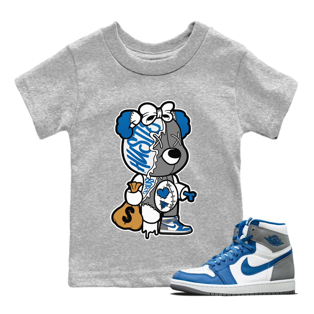 Jordan 1 True Blue Sneaker Matching T-Shirt Stitched Hustle Bear Sneaker Tees Jordan 1 True Blue Sneaker Release Tees Kids Shirts