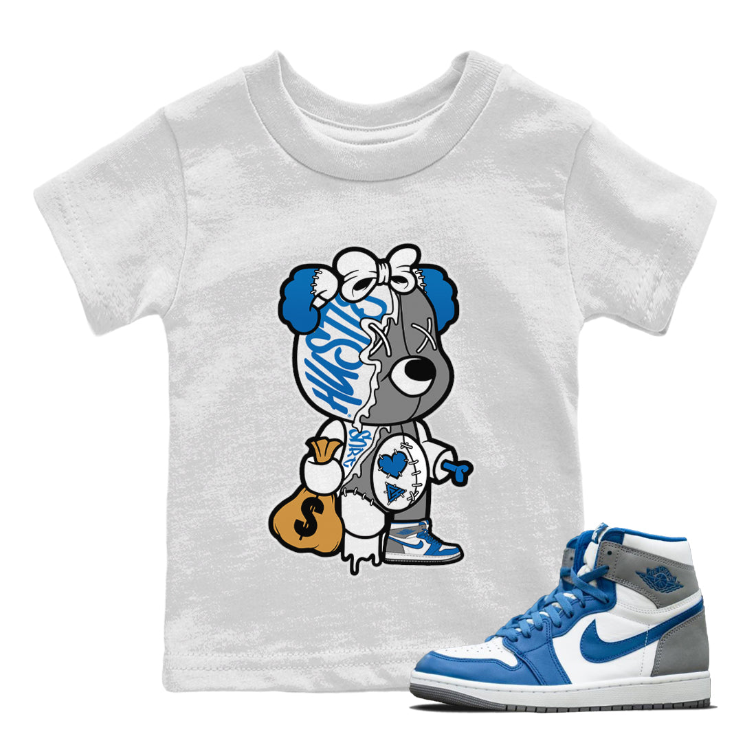 Jordan 1 True Blue Sneaker Matching T-Shirt Stitched Hustle Bear Sneaker Tees Jordan 1 True Blue Sneaker Release Tees Kids Shirts