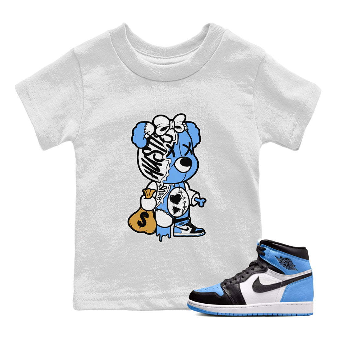 Air Jordan 1 Retro High OG UNC Toe shirt to match jordans Stitched Hustle Bear Streetwear Sneaker Shirt UNC Toe 1s Drip Gear Zone Sneaker Matching Clothing Baby Toddler White 1 T-Shirt