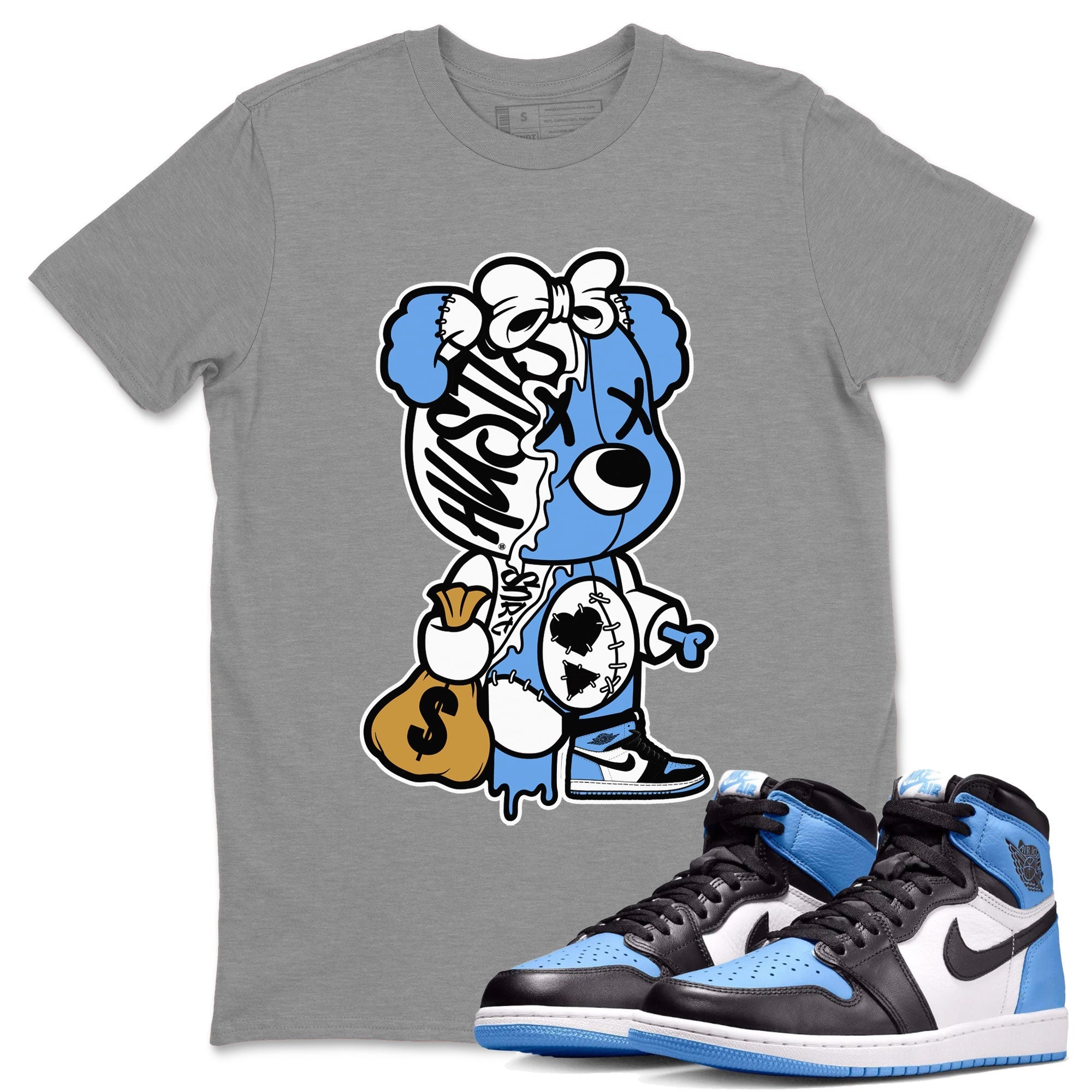 Air Jordan 1 Retro High OG UNC Toe shirt to match jordans Stitched Hustle Bear Streetwear Sneaker Shirt UNC Toe 1s Drip Gear Zone Sneaker Matching Clothing Unisex Heather Grey 2 T-Shirt