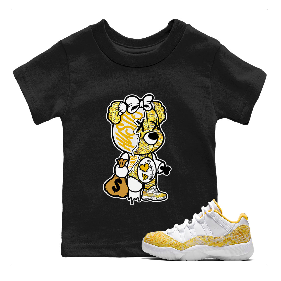 Air Jordan 11 Yellow Python Sneaker Match Tees Stitched Hustle Bear Streetwear Sneaker Shirt Air Jordan 11 Yellow Snakeskin Sneaker Release Tees Kids Shirts Black 1