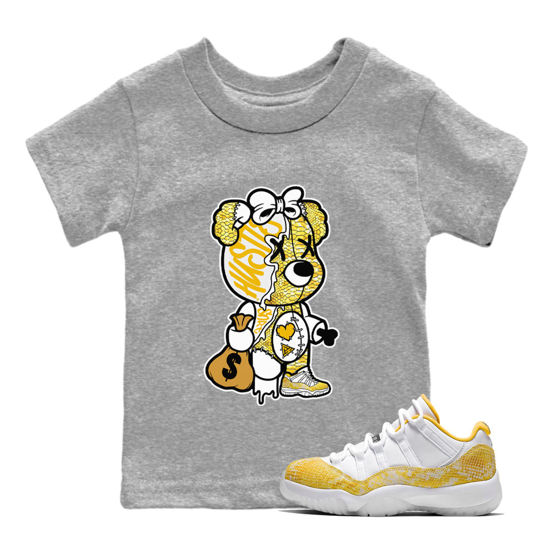 Air Jordan 11 Yellow Python Sneaker Match Tees Stitched Hustle Bear Streetwear Sneaker Shirt Air Jordan 11 Yellow Snakeskin Sneaker Release Tees Kids Shirts Heather Grey 1