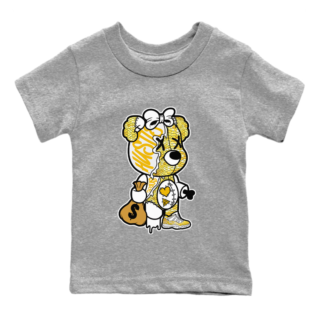 Air Jordan 11 Yellow Python Sneaker Match Tees Stitched Hustle Bear Streetwear Sneaker Shirt Air Jordan 11 Yellow Snakeskin Sneaker Release Tees Kids Shirts Heather Grey 2