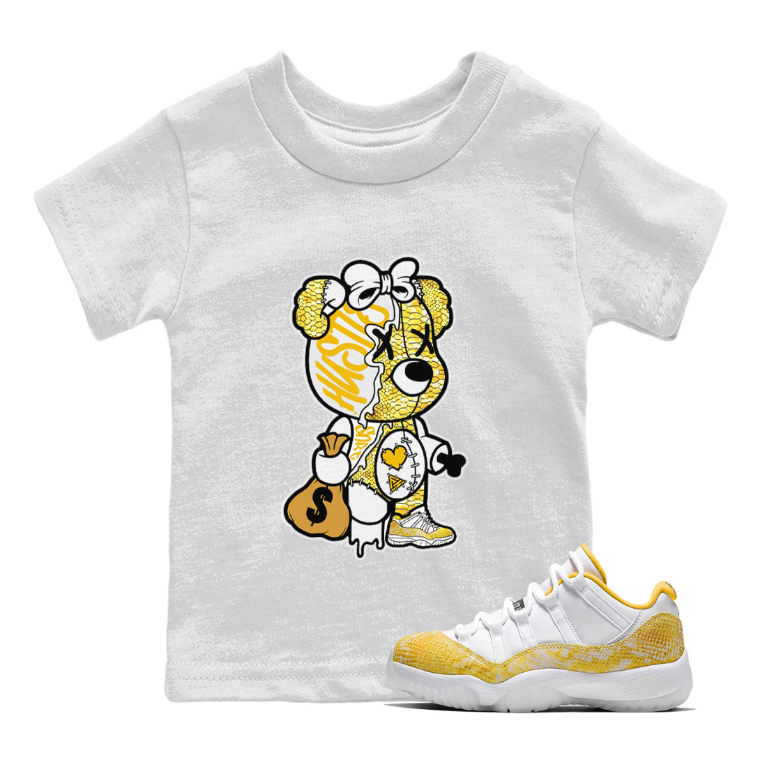 Air Jordan 11 Yellow Python Sneaker Match Tees Stitched Hustle Bear Streetwear Sneaker Shirt Air Jordan 11 Yellow Snakeskin Sneaker Release Tees Kids Shirts White 1