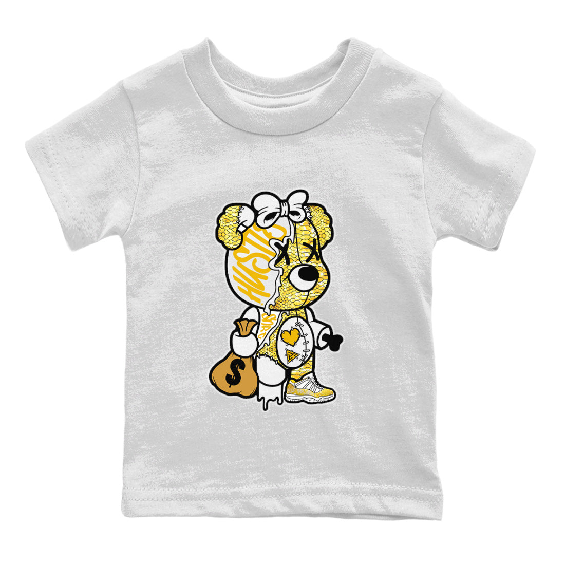 Air Jordan 11 Yellow Python Sneaker Match Tees Stitched Hustle Bear Streetwear Sneaker Shirt Air Jordan 11 Yellow Snakeskin Sneaker Release Tees Kids Shirts White 2