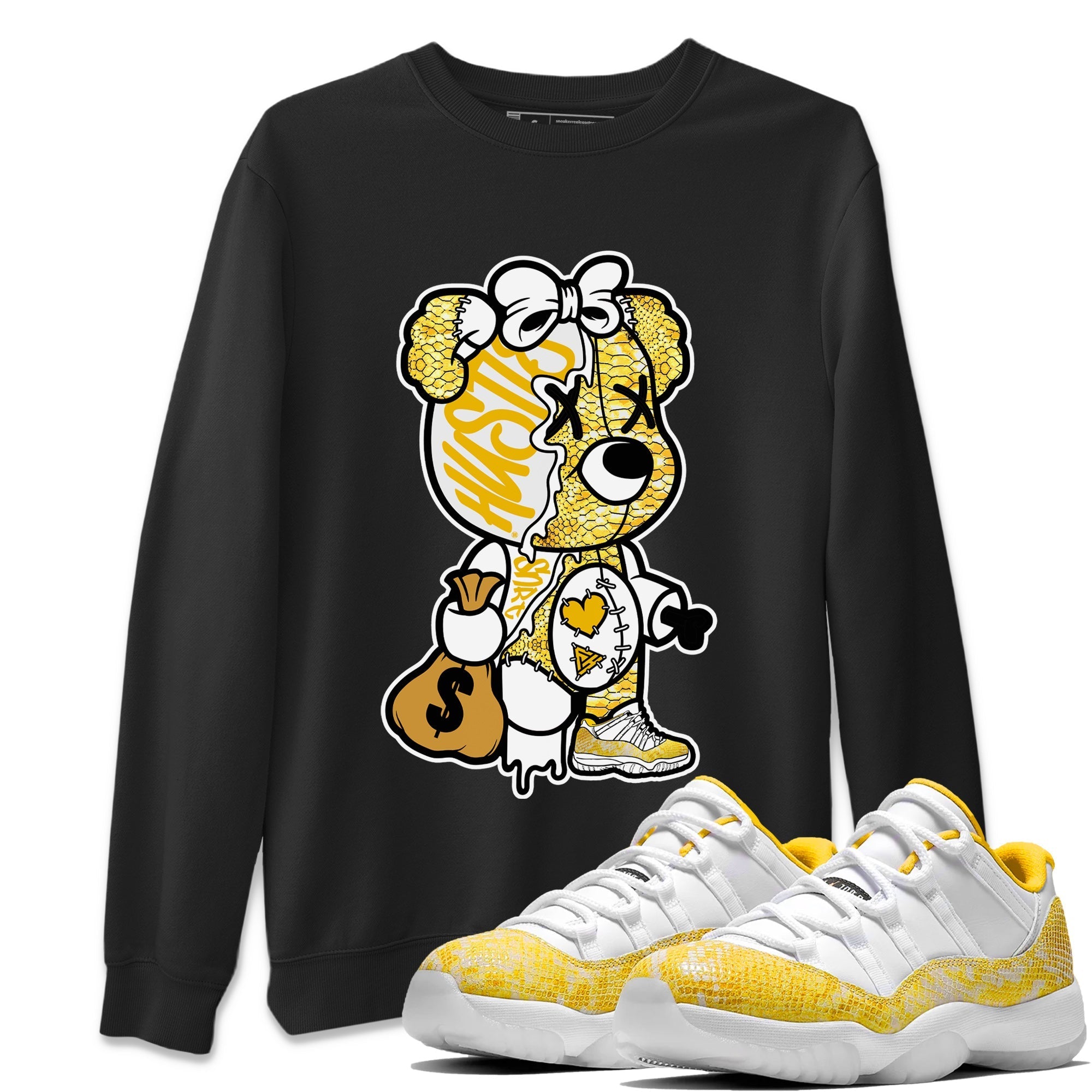 Air Jordan 11 Yellow Python Sneaker Match Tees Stitched Hustle Bear Streetwear Sneaker Shirt Air Jordan 11 Yellow Snakeskin Sneaker Release Tees Unisex Shirts Black 1