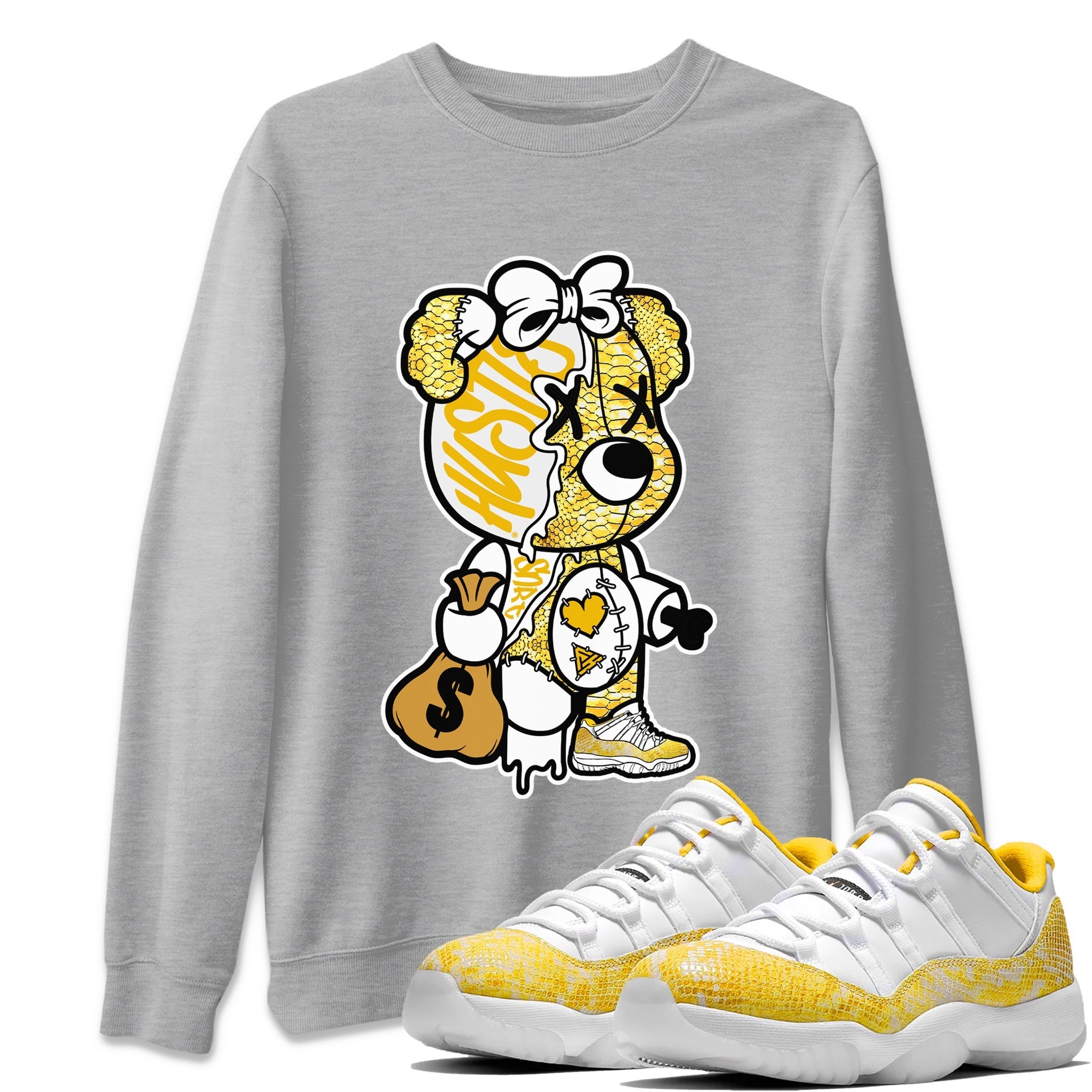 Air Jordan 11 Yellow Python Sneaker Match Tees Stitched Hustle Bear Streetwear Sneaker Shirt Air Jordan 11 Yellow Snakeskin Sneaker Release Tees Unisex Shirts Heather Grey 1