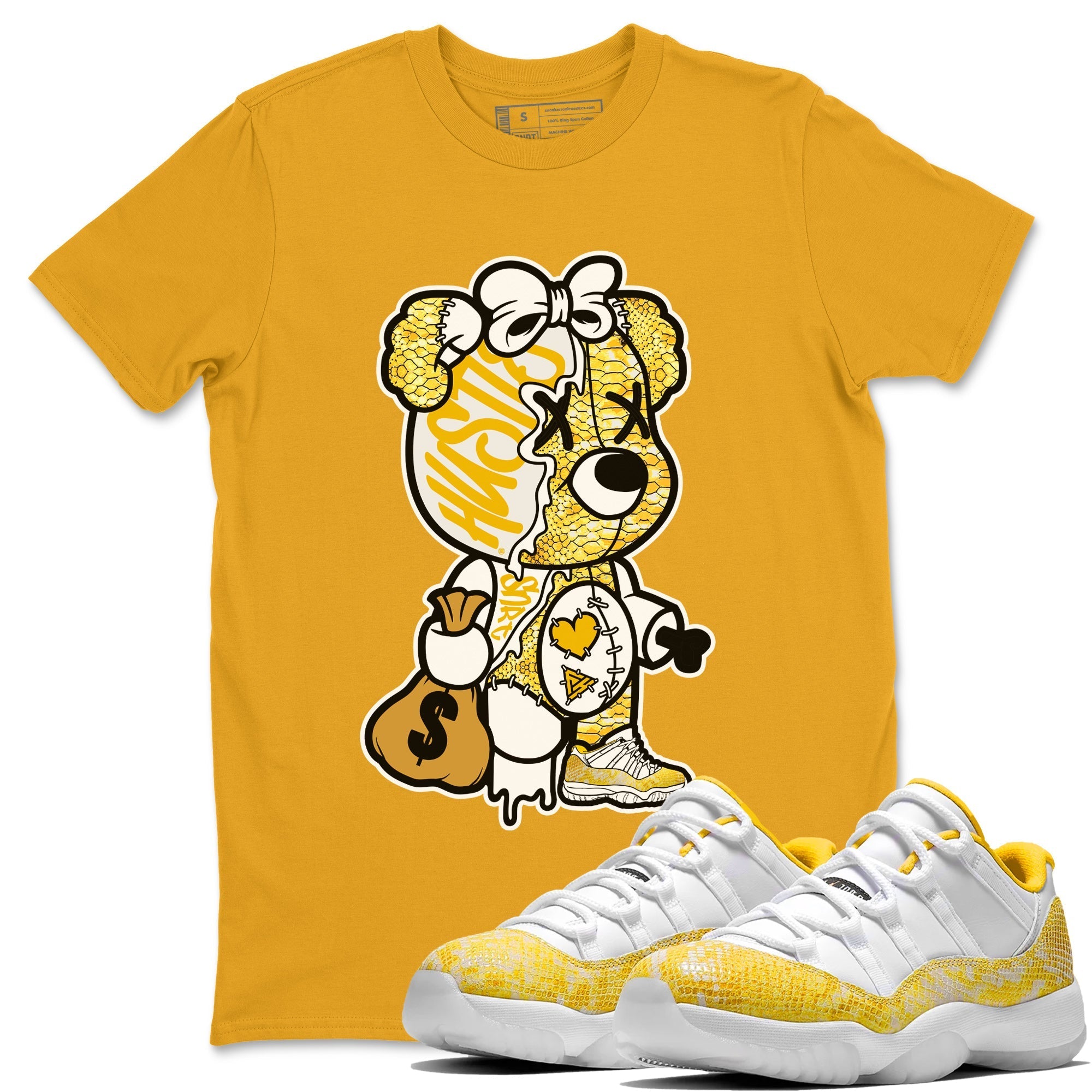 Air Jordan 11 Yellow Python Sneaker Match Tees Stitched Hustle Bear Streetwear Sneaker Shirt Air Jordan 11 Yellow Snakeskin Sneaker Release Tees Unisex Shirts Gold 1