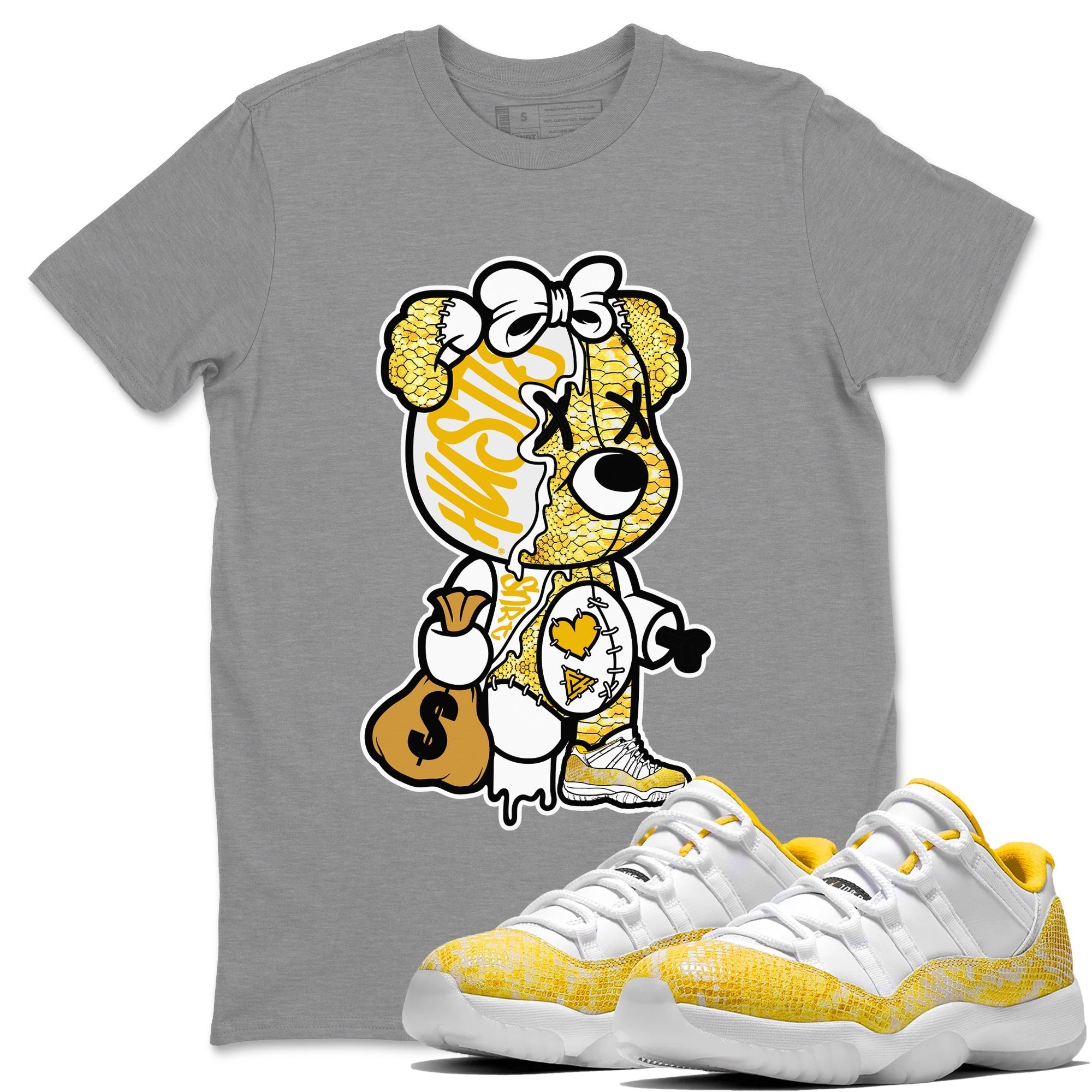 Air Jordan 11 Yellow Python Sneaker Match Tees Stitched Hustle Bear Streetwear Sneaker Shirt Air Jordan 11 Yellow Snakeskin Sneaker Release Tees Unisex Shirts Heather Grey 1
