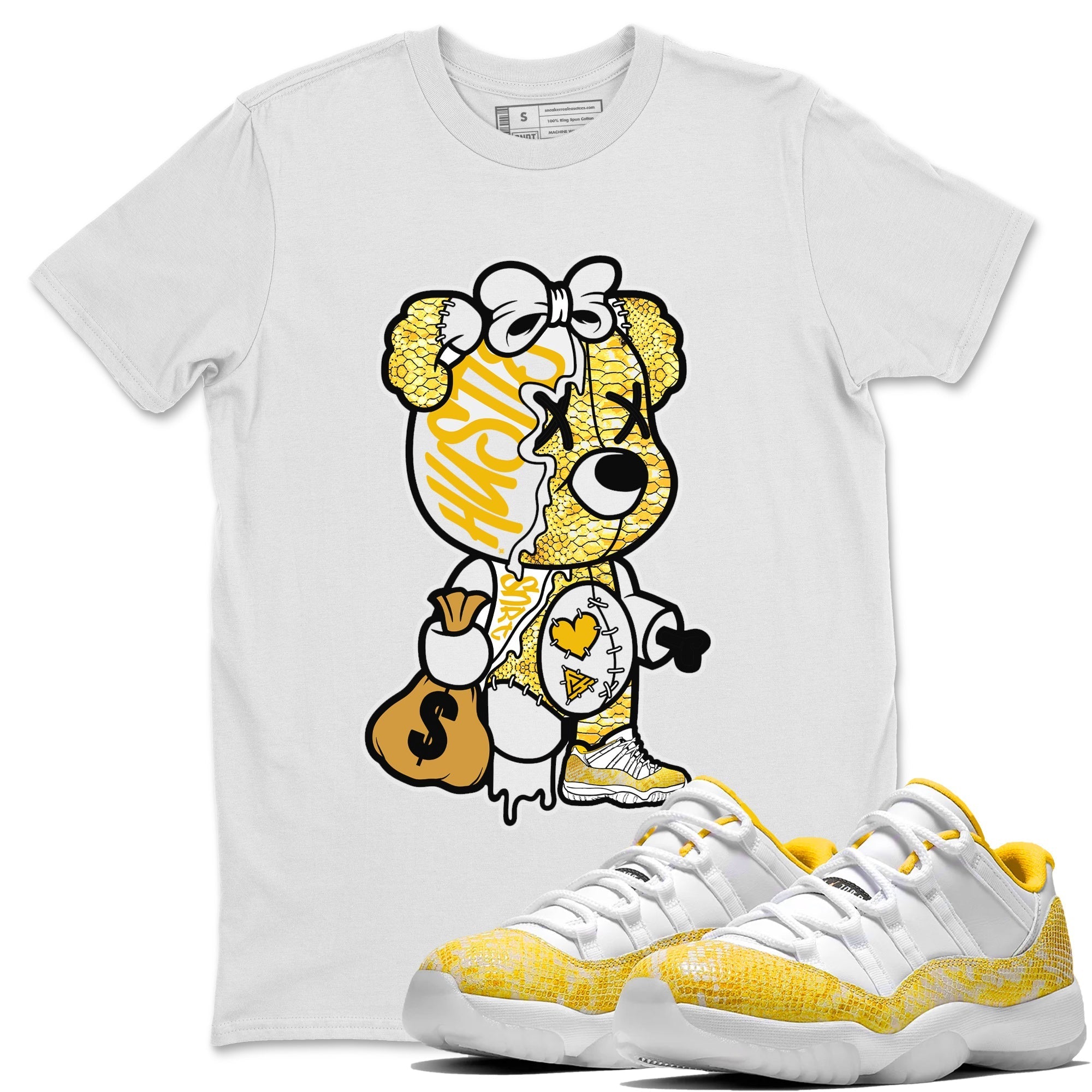 Air Jordan 11 Yellow Python Sneaker Match Tees Stitched Hustle Bear Streetwear Sneaker Shirt Air Jordan 11 Yellow Snakeskin Sneaker Release Tees Unisex Shirts White 1