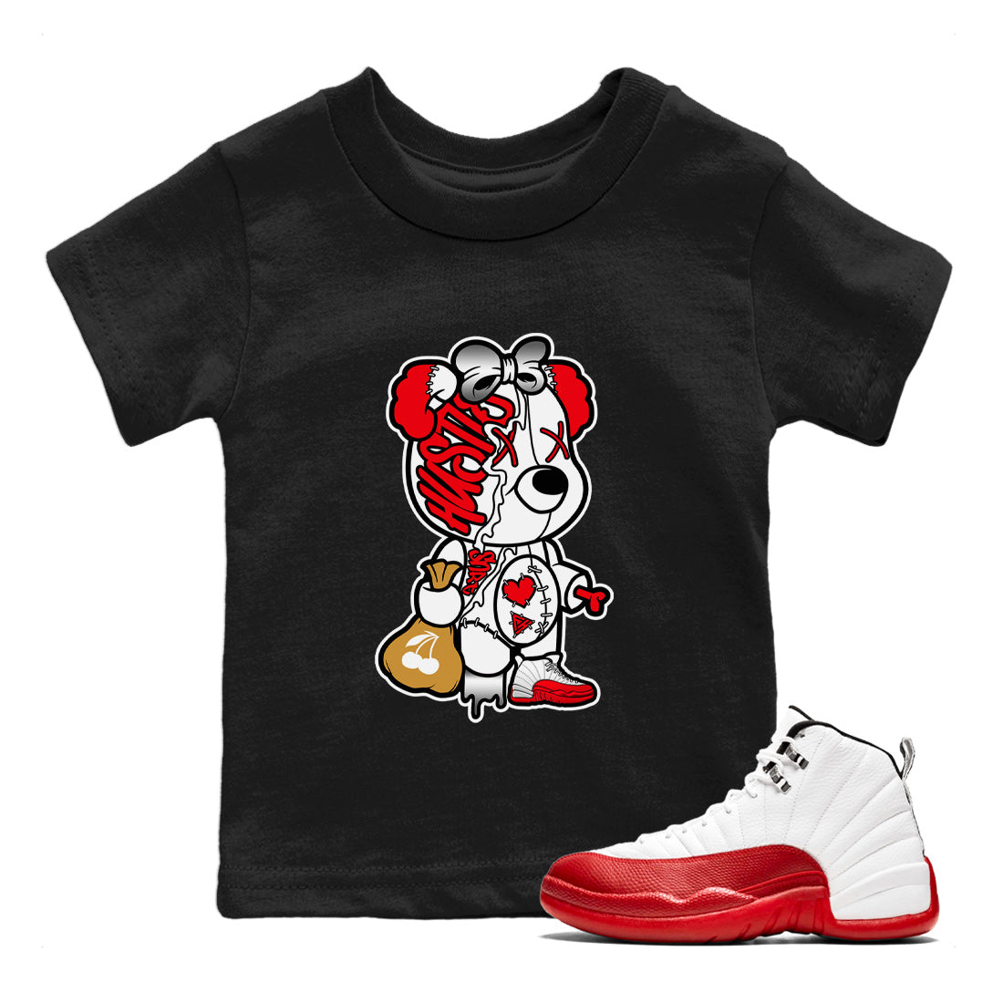 12s Cherry Sneaker Match Tees Stitched Hustle Bear Streetwear Sneaker Shirt Air Jordan 12 Cherry Sneaker Release Tees Kids Shirts Black 1