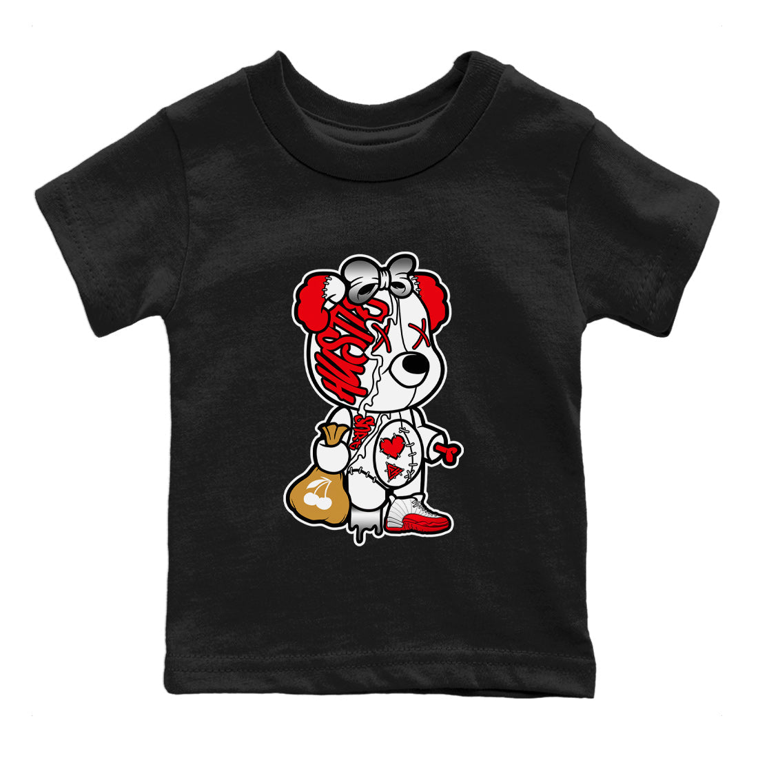 12s Cherry Sneaker Match Tees Stitched Hustle Bear Streetwear Sneaker Shirt Air Jordan 12 Cherry Sneaker Release Tees Kids Shirts Black 2