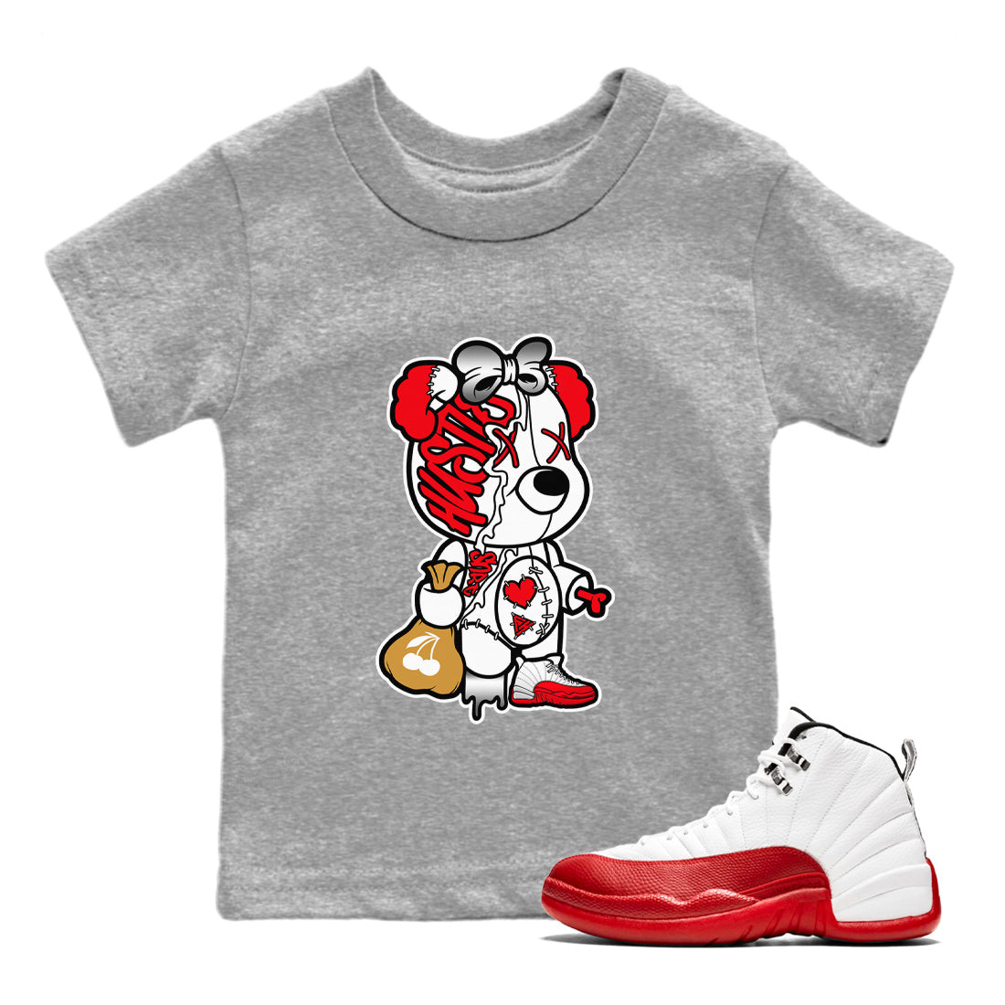 12s Cherry Sneaker Match Tees Stitched Hustle Bear Streetwear Sneaker Shirt Air Jordan 12 Cherry Sneaker Release Tees Kids Shirts Heather Grey 1