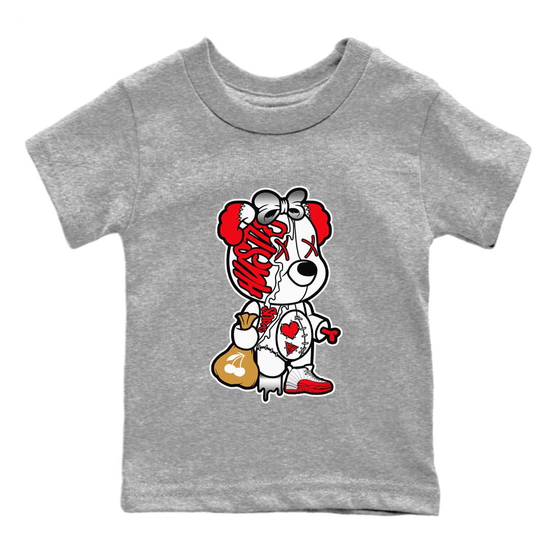 12s Cherry Sneaker Match Tees Stitched Hustle Bear Streetwear Sneaker Shirt Air Jordan 12 Cherry Sneaker Release Tees Kids Shirts Heather Grey 2
