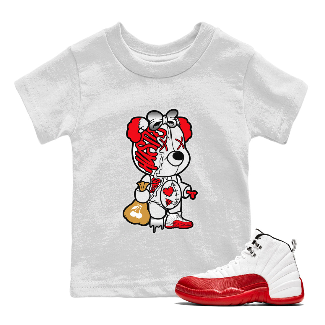 12s Cherry Sneaker Match Tees Stitched Hustle Bear Streetwear Sneaker Shirt Air Jordan 12 Cherry Sneaker Release Tees Kids Shirts White 1