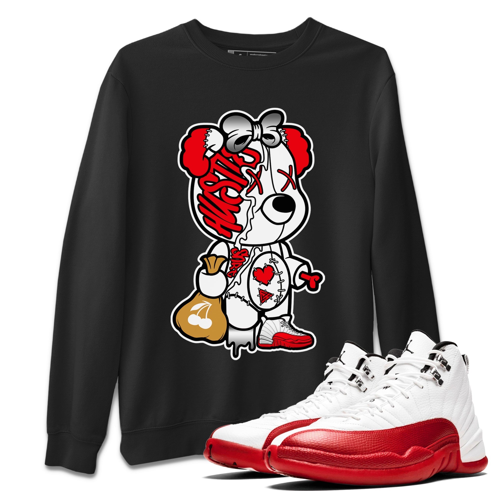 12s Cherry Sneaker Match Tees Stitched Hustle Bear Streetwear Sneaker Shirt Air Jordan 12 Cherry Sneaker Release Tees Unisex Shirts Black 1