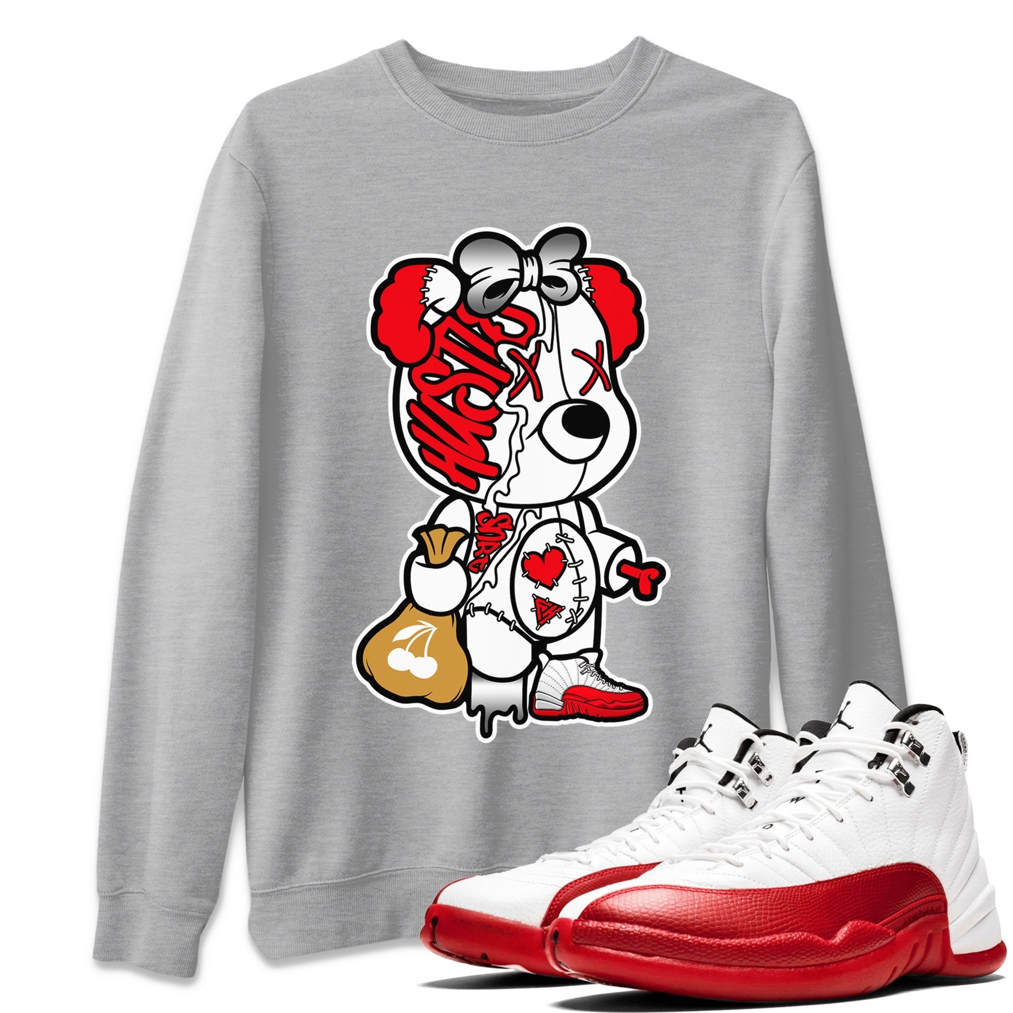 12s Cherry Sneaker Match Tees Stitched Hustle Bear Streetwear Sneaker Shirt Air Jordan 12 Cherry Sneaker Release Tees Unisex Shirts Heather Grey 1