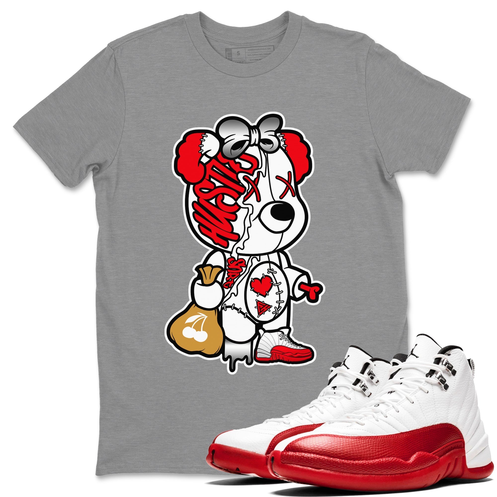 12s Cherry Sneaker Match Tees Stitched Hustle Bear Streetwear Sneaker Shirt Air Jordan 12 Cherry Sneaker Release Tees Unisex Shirts Heather Grey 1