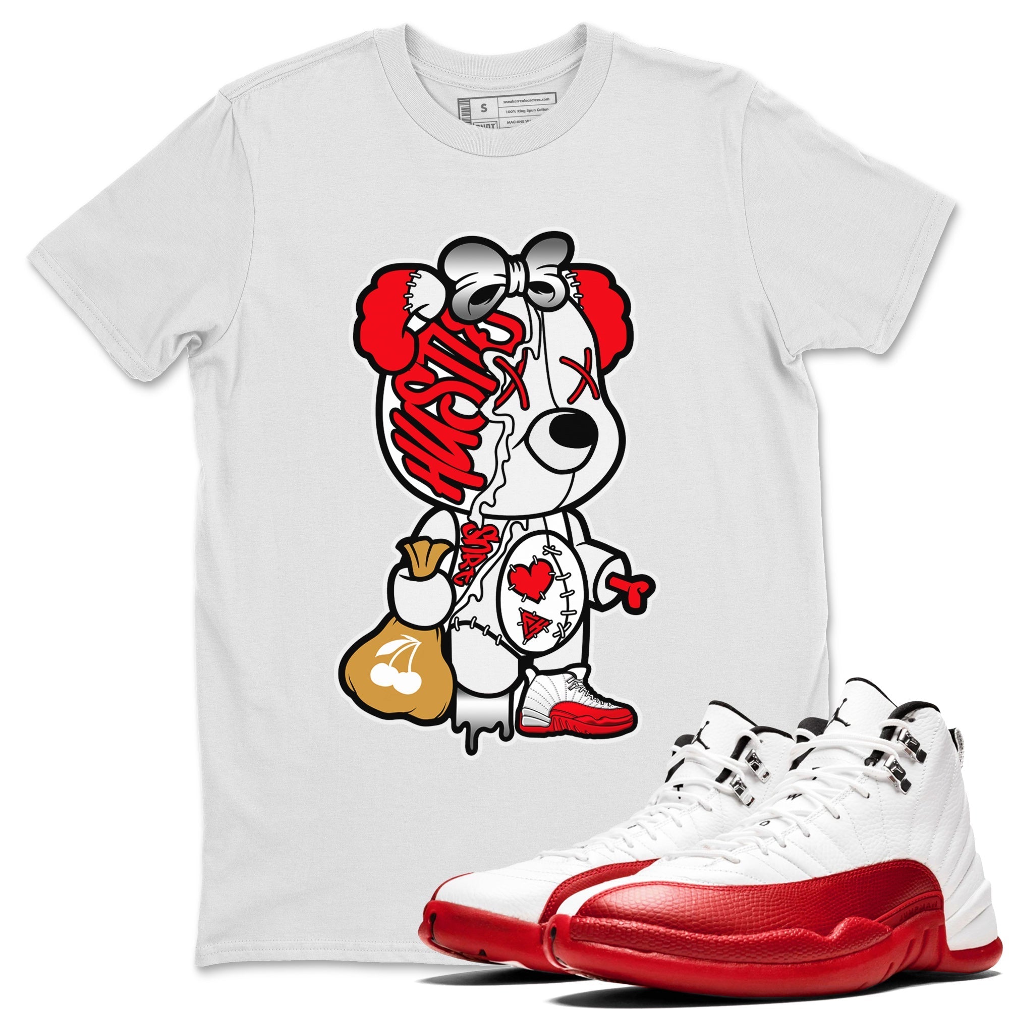12s Cherry Sneaker Match Tees Stitched Hustle Bear Streetwear Sneaker Shirt Air Jordan 12 Cherry Sneaker Release Tees Unisex Shirts White 1