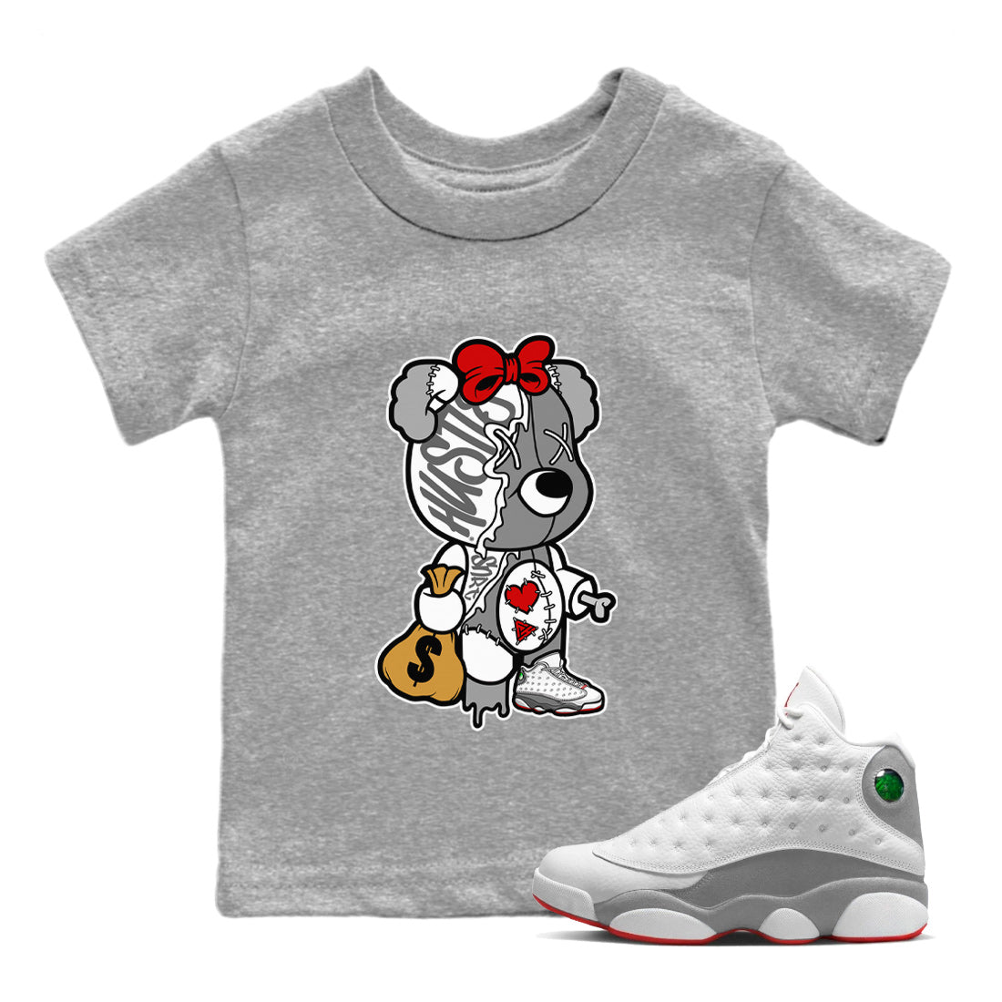 Air Jordan 13 Wolf Grey Sneaker Match Tees Stitched Hustle Bear Streetwear Sneaker Shirt Air Jordan 13 Retro Wolf Grey T-Shirt Kids Shirts Heather Grey 1