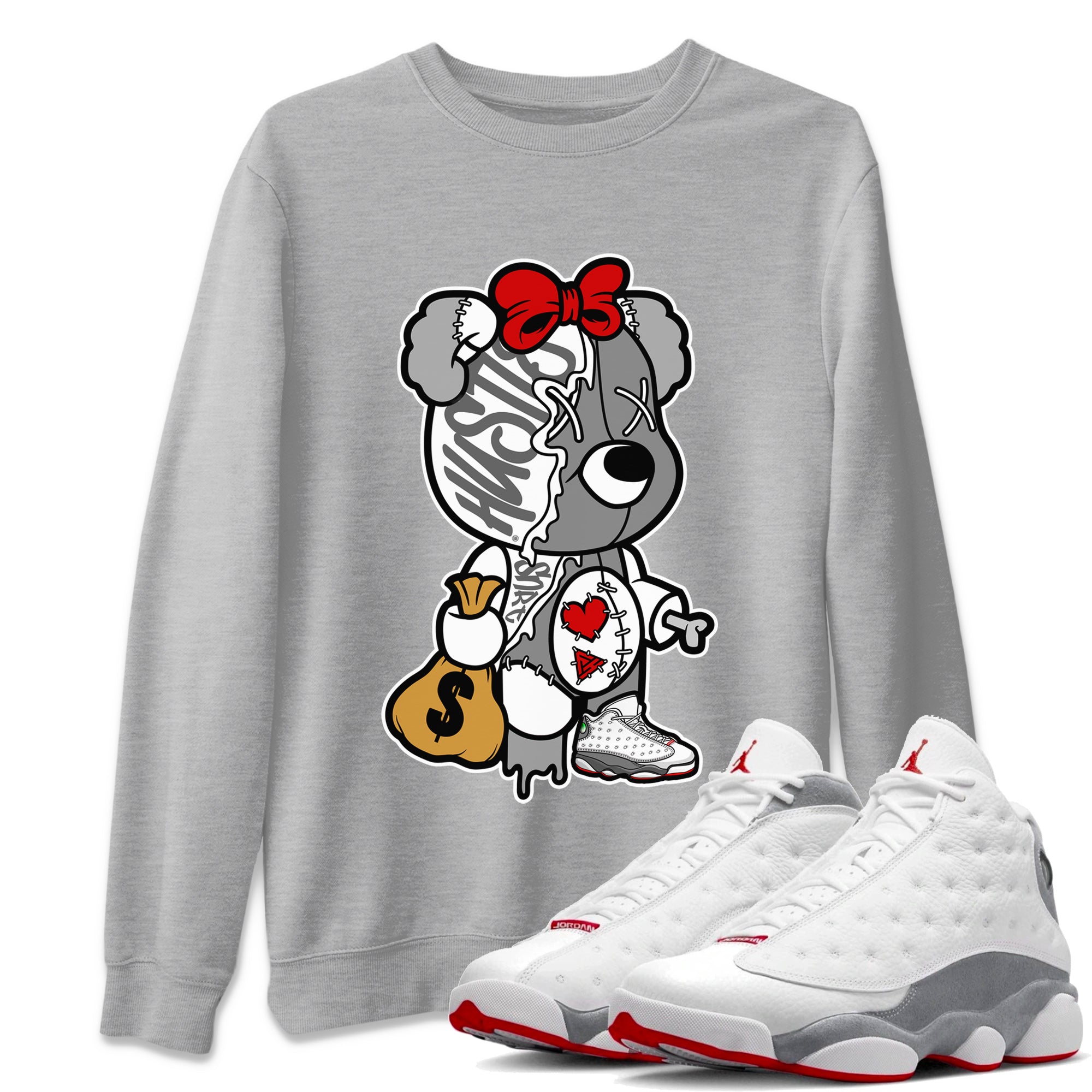 Air Jordan 13 Wolf Grey Sneaker Match Tees Stitched Hustle Bear Streetwear Sneaker Shirt Air Jordan 13 Retro Wolf Grey T-Shirt Unisex Shirts Heather Grey 1