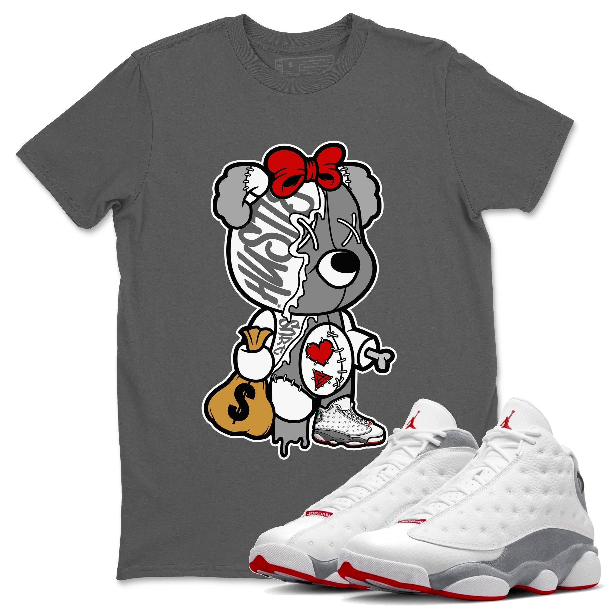 Air Jordan 13 Wolf Grey Stitched Hustle Bear Crew Neck Streetwear Sneaker Shirt Air Jordan 13 Wolf Grey Sneaker T-Shirts Washing and Care Tip