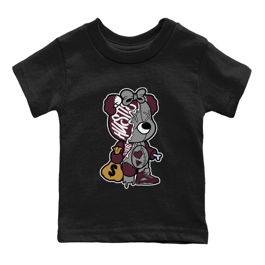 AJ5 Burgundy shirt to match jordans Stitched Hustle Bear Streetwear Sneaker Shirt Air Jordan 5 Burgundy Drip Gear Zone Sneaker Matching Clothing Baby Toddler Black 2 T-Shirt