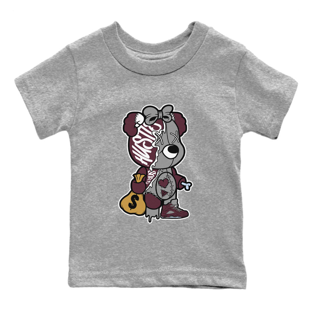 AJ5 Burgundy shirt to match jordans Stitched Hustle Bear Streetwear Sneaker Shirt Air Jordan 5 Burgundy Drip Gear Zone Sneaker Matching Clothing Baby Toddler Heather Grey 2 T-Shirt