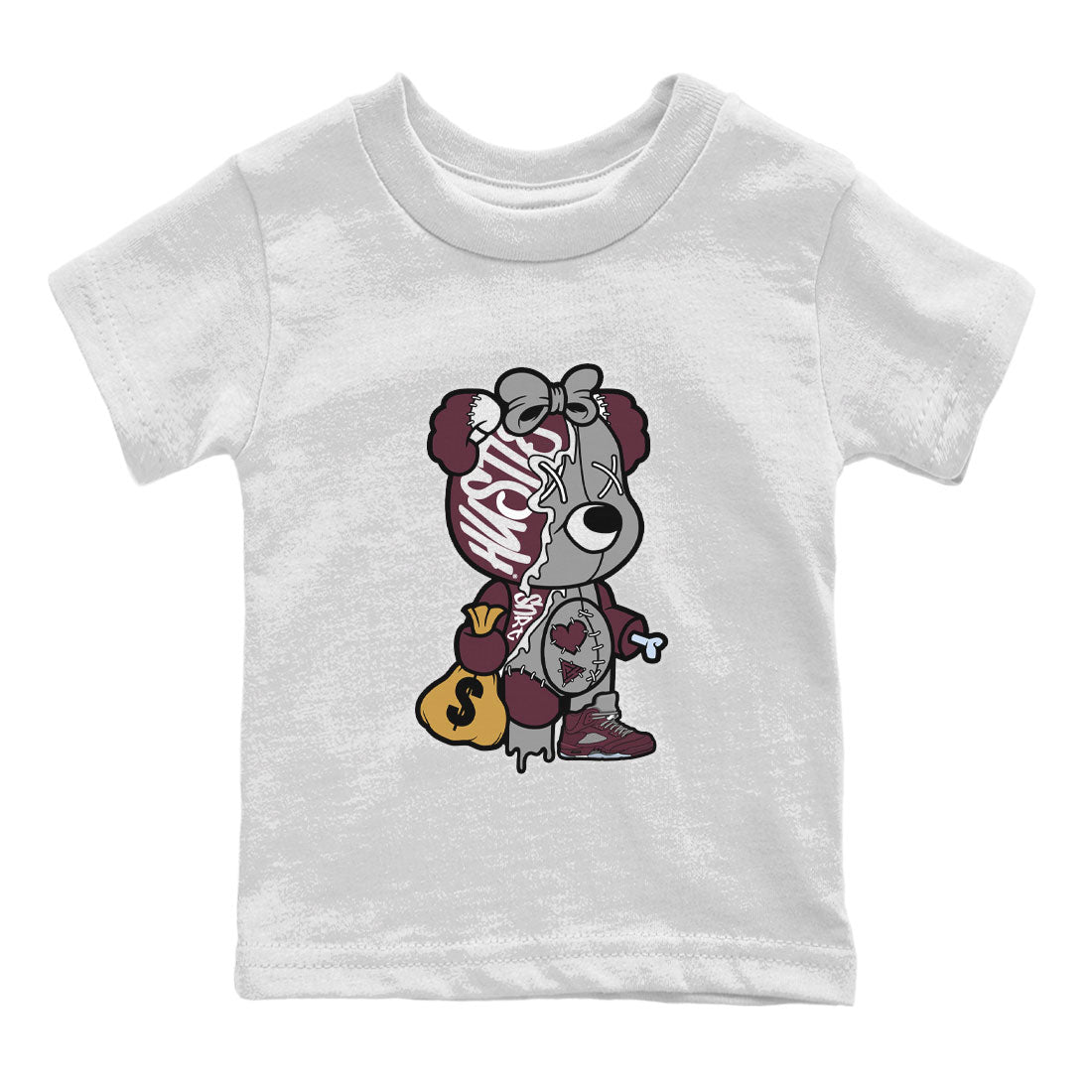 AJ5 Burgundy shirt to match jordans Stitched Hustle Bear Streetwear Sneaker Shirt Air Jordan 5 Burgundy Drip Gear Zone Sneaker Matching Clothing Baby Toddler White 2 T-Shirt