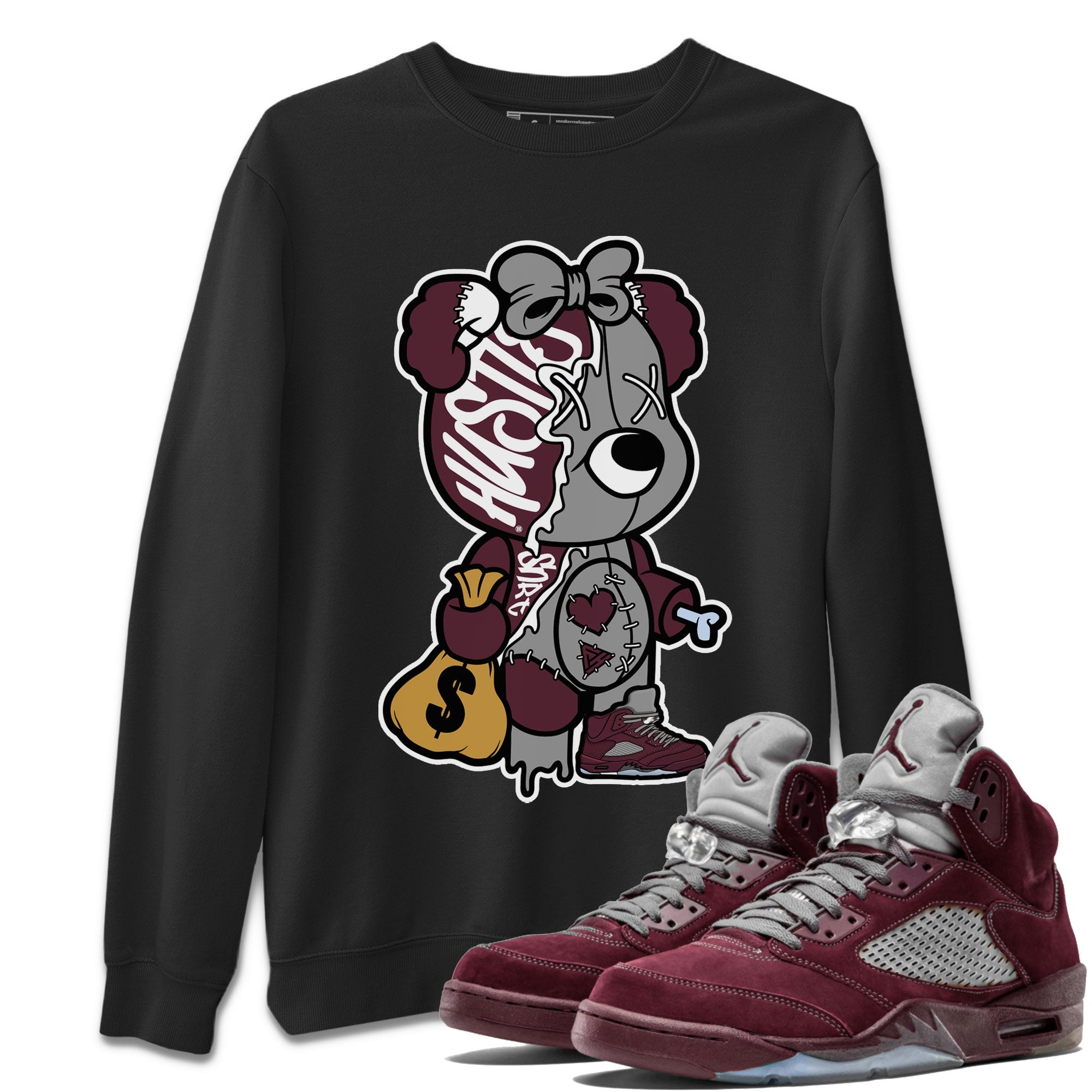 AJ5 Burgundy shirt to match jordans Stitched Hustle Bear Streetwear Sneaker Shirt Air Jordan 5 Burgundy Drip Gear Zone Sneaker Matching Clothing Unisex Black 1 T-Shirt