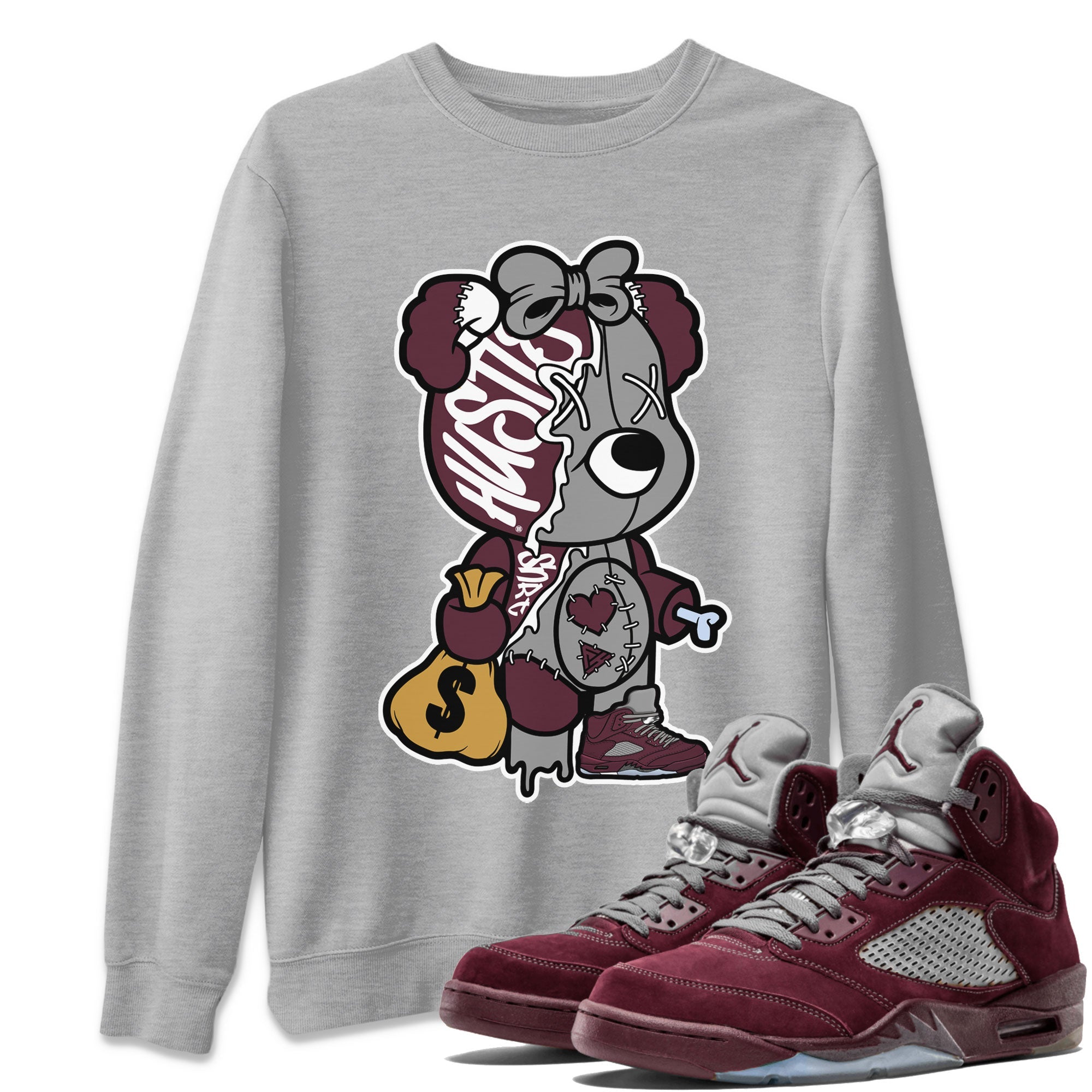 AJ5 Burgundy shirt to match jordans Stitched Hustle Bear Streetwear Sneaker Shirt Air Jordan 5 Burgundy Drip Gear Zone Sneaker Matching Clothing Unisex Heather Grey 1 T-Shirt