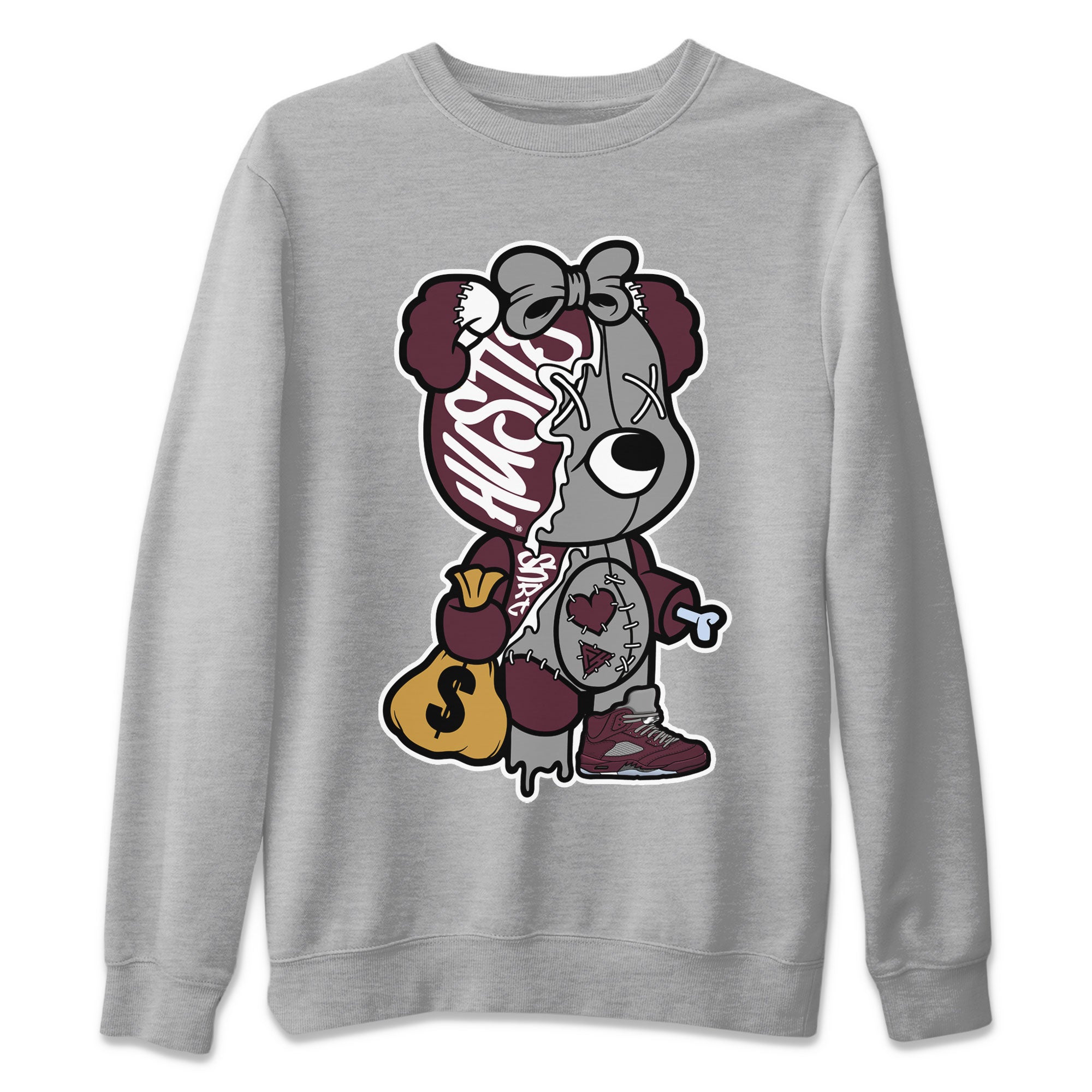 AJ5 Burgundy shirt to match jordans Stitched Hustle Bear Streetwear Sneaker Shirt Air Jordan 5 Burgundy Drip Gear Zone Sneaker Matching Clothing Unisex Heather Grey 2 T-Shirt