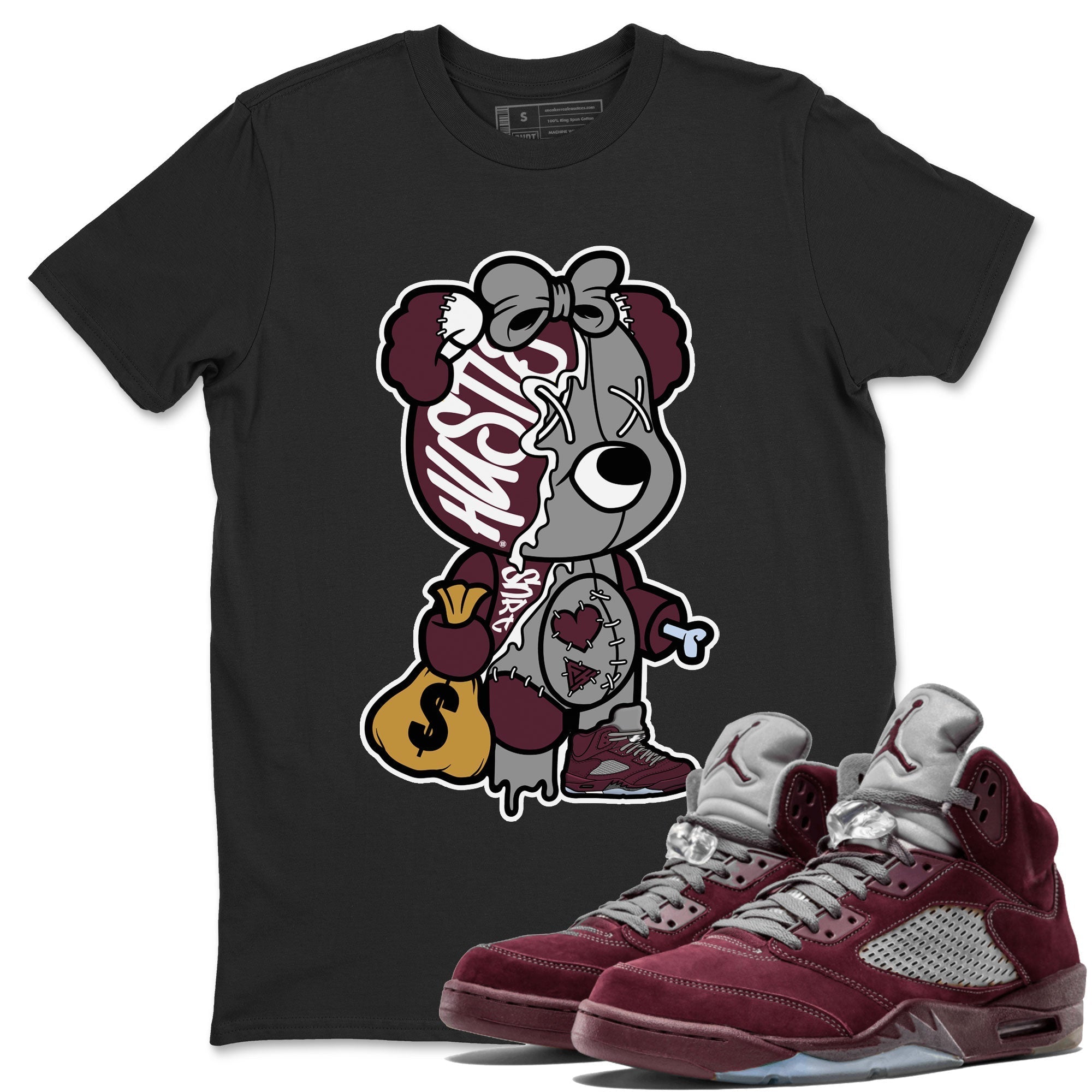 AJ5 Burgundy shirt to match jordans Stitched Hustle Bear Streetwear Sneaker Shirt Air Jordan 5 Burgundy Drip Gear Zone Sneaker Matching Clothing Unisex Black 1 T-Shirt