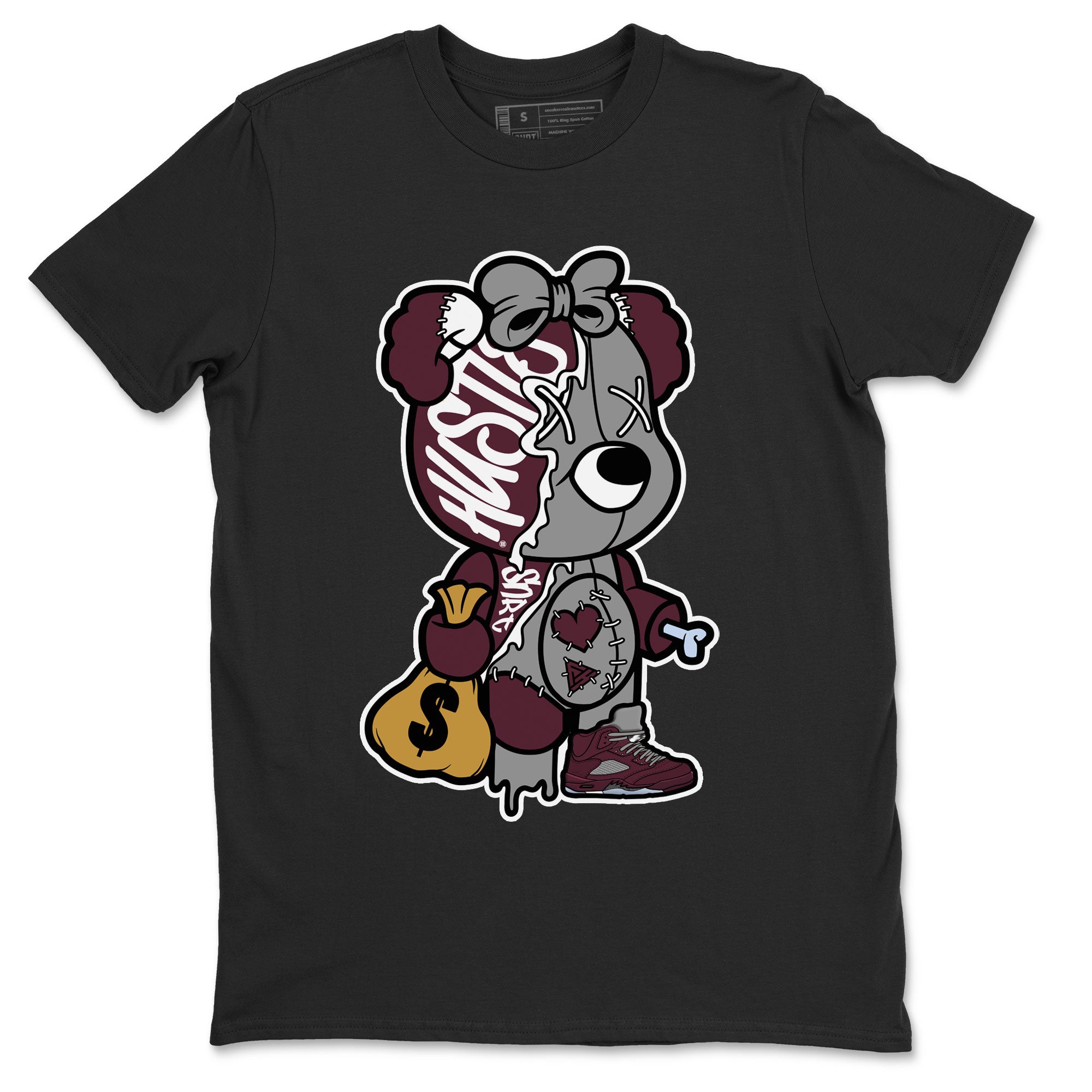 AJ5 Burgundy shirt to match jordans Stitched Hustle Bear Streetwear Sneaker Shirt Air Jordan 5 Burgundy Drip Gear Zone Sneaker Matching Clothing Unisex Black 2 T-Shirt